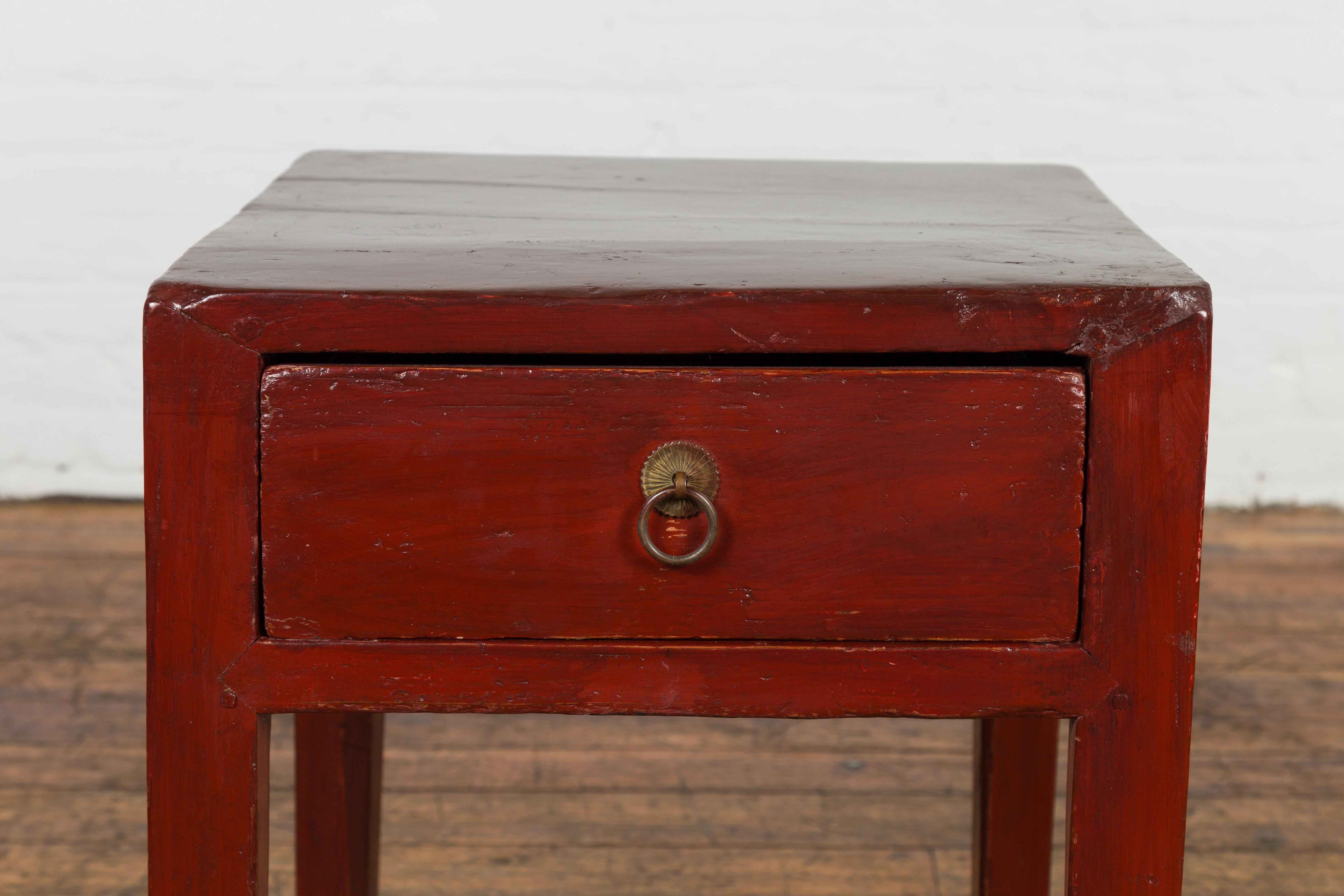 Lacquered Red Lacquer End Table with Single Drawer and Horse Hoof Feet