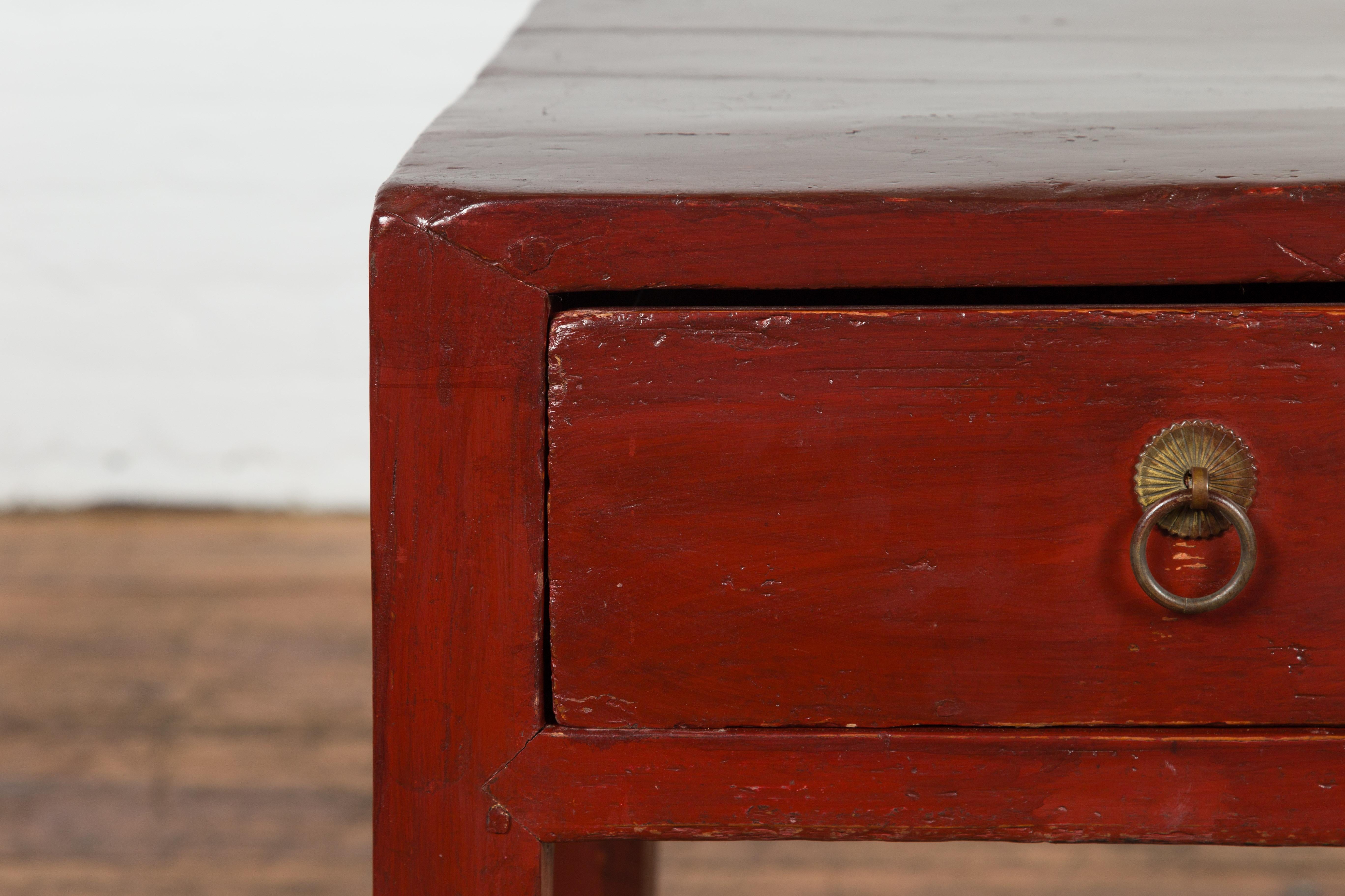 20th Century Red Lacquer End Table with Single Drawer and Horse Hoof Feet