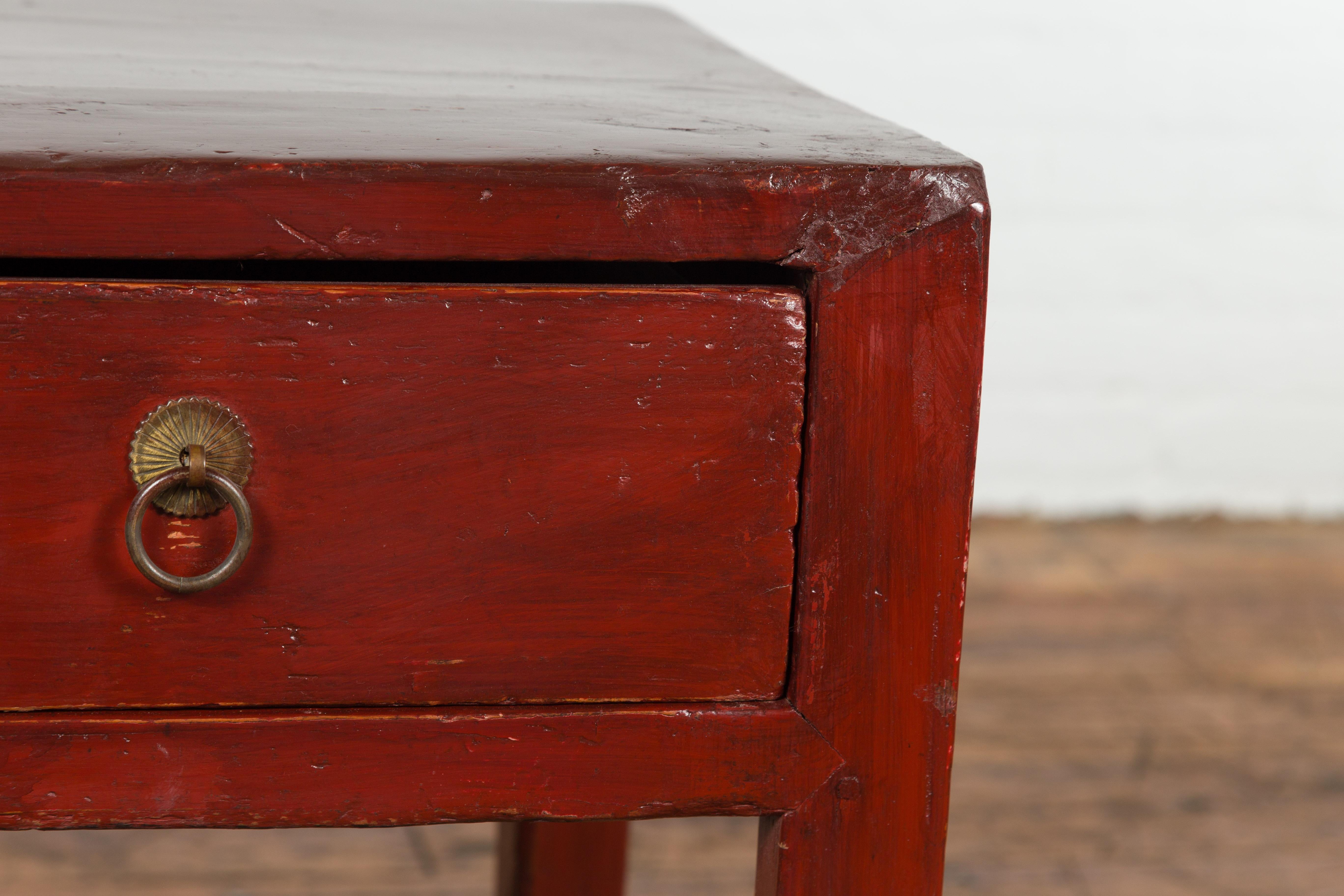 Brass Red Lacquer End Table with Single Drawer and Horse Hoof Feet