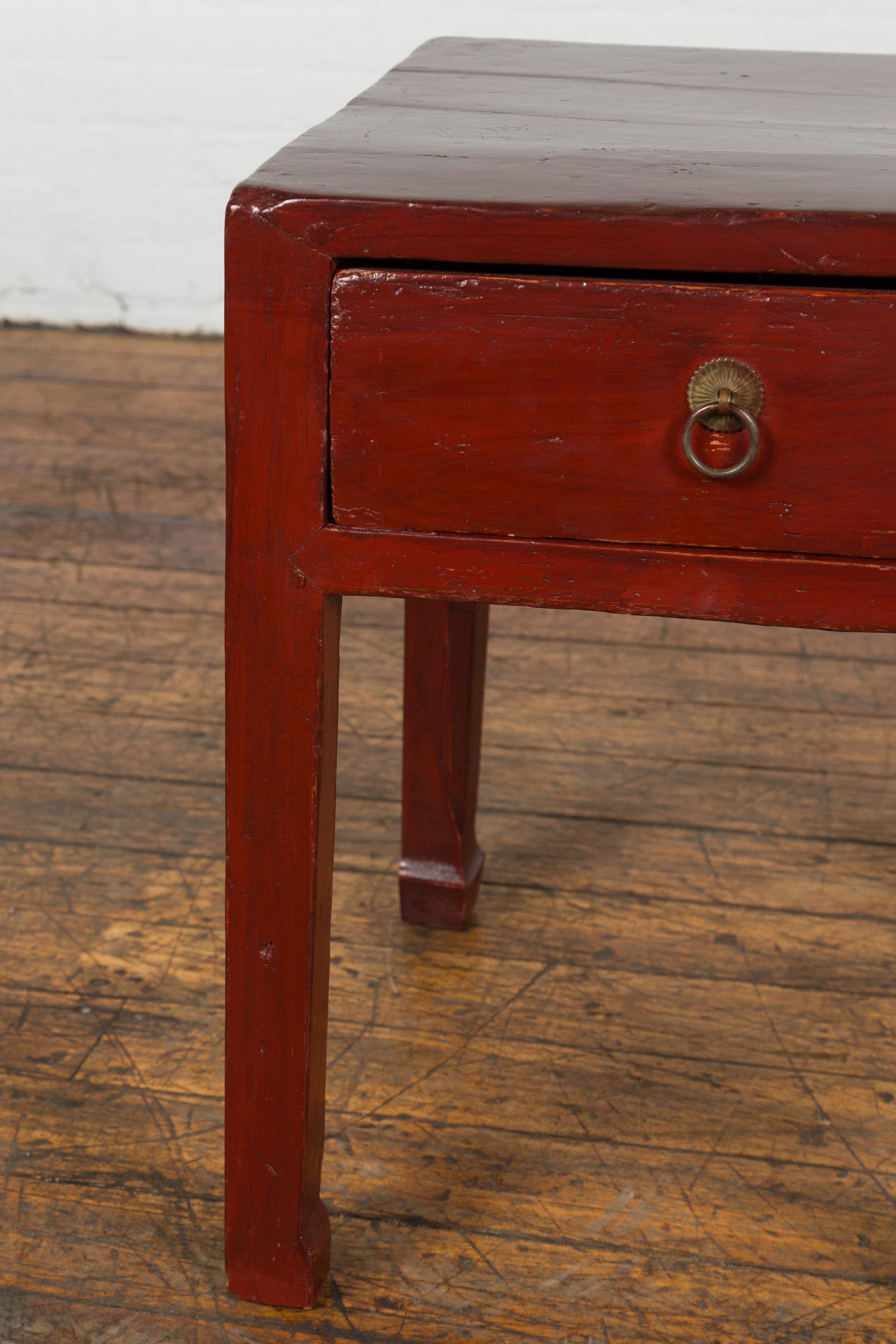 Red Lacquer End Table with Single Drawer and Horse Hoof Feet 1