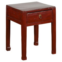 Antique Red Lacquer End Table with Single Drawer and Horse Hoof Feet