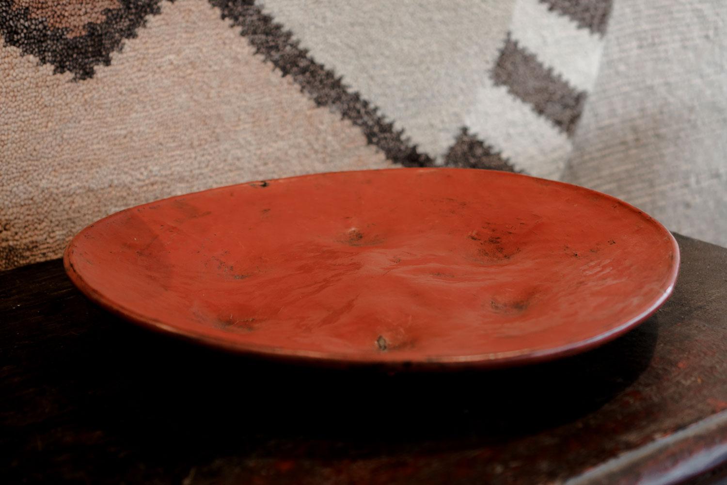 Lacquered Red Lacquer Large Round Serving Tray, Burmese, Mid-20th Century