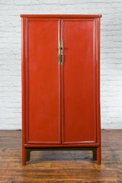 Red Lacquer Ming Style Early 20th Century Cabinet with Hidden Apothecary Drawers