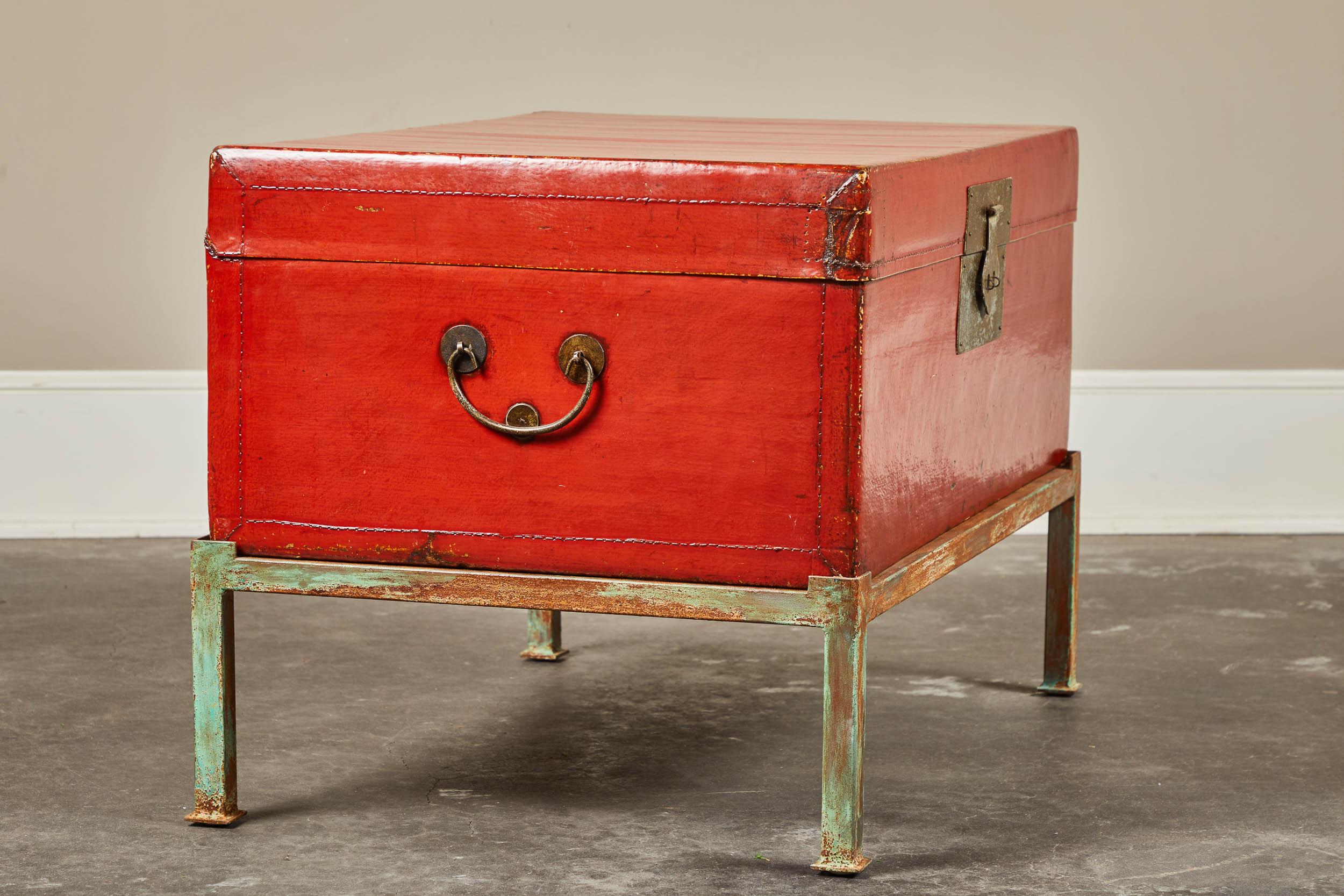 Red Lacquer Pig-Skin Leather Camphor Trunk on Stand 3