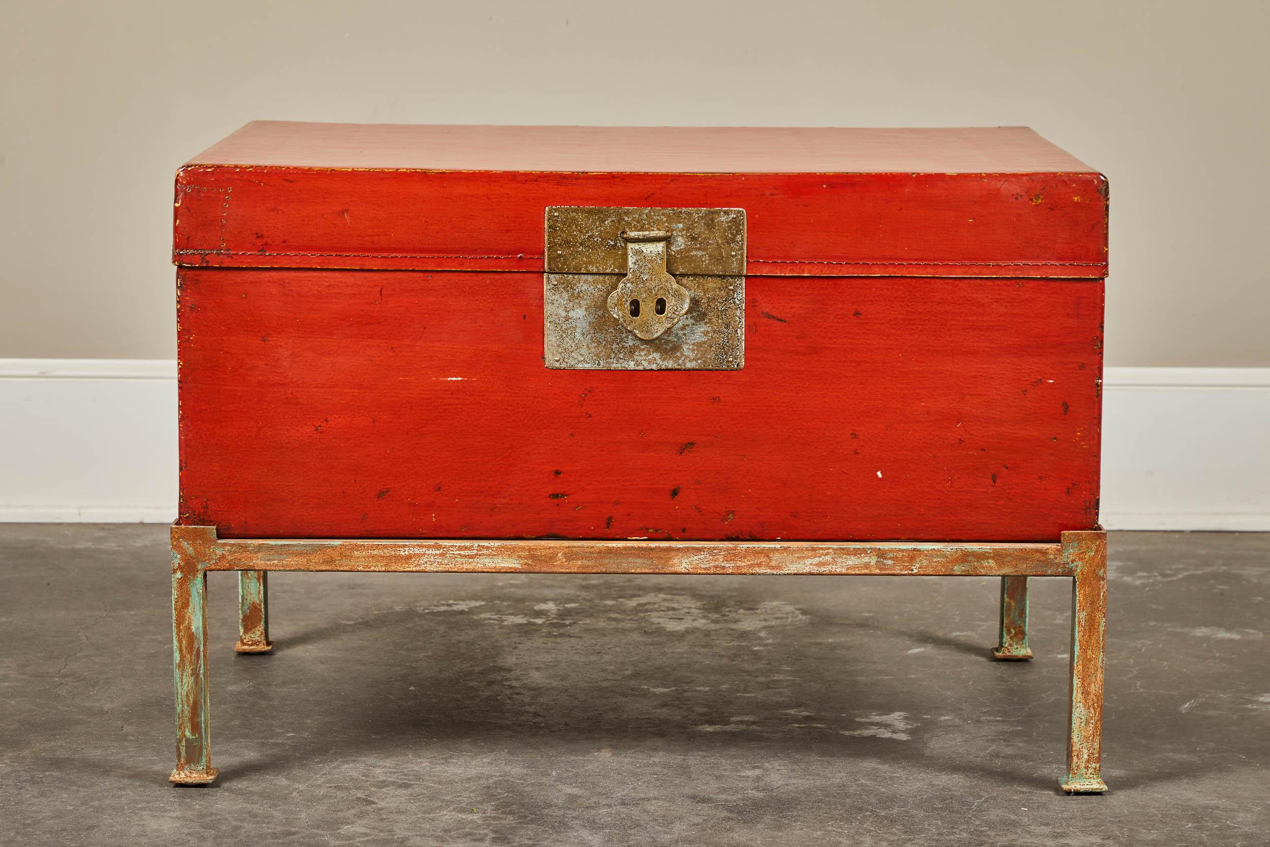 Red Lacquer Pig-Skin Leather Camphor Trunk on Stand 1