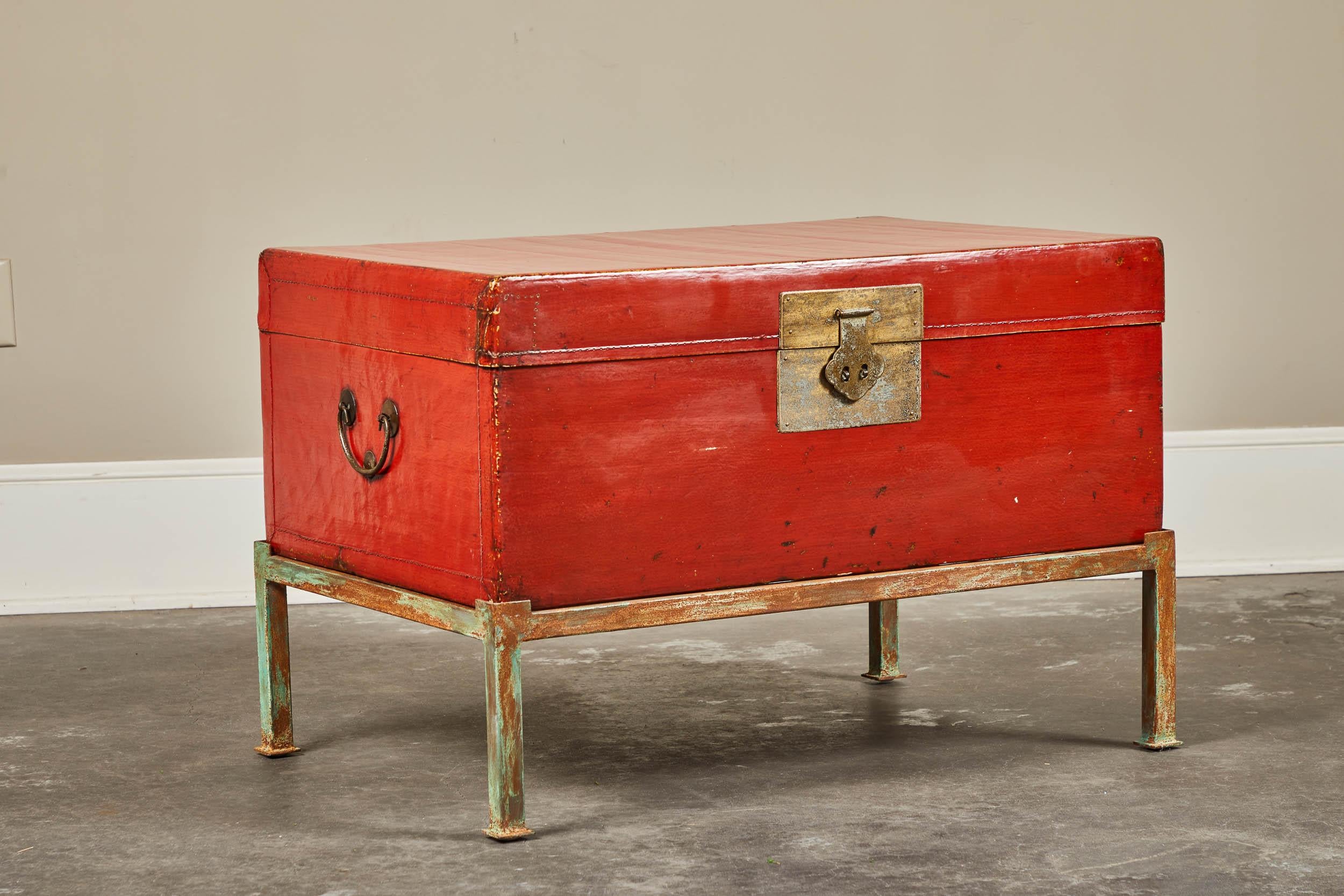 Red Lacquer Pig-Skin Leather Camphor Trunk on Stand 2