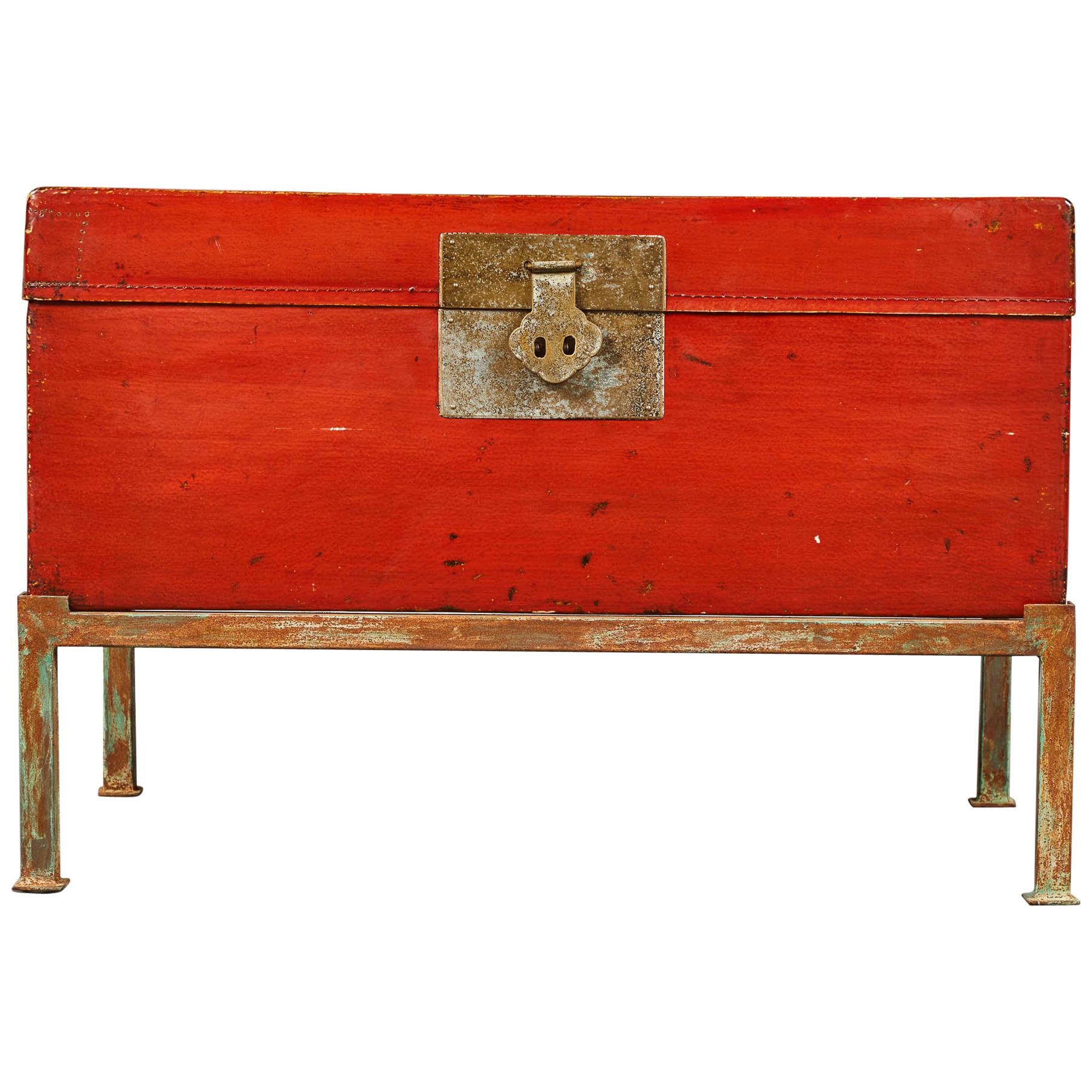 Red Lacquer Pig-Skin Leather Camphor Trunk on Stand