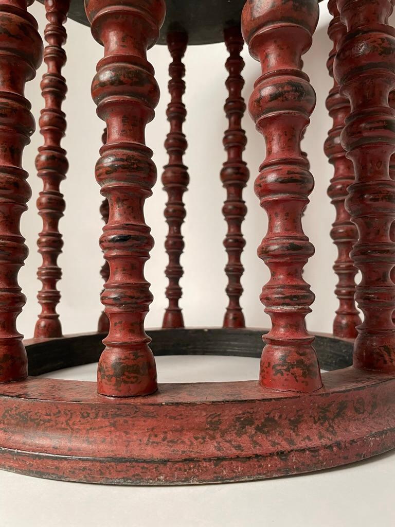 Carved Red Lacquer Round Side Table with Turned Legs