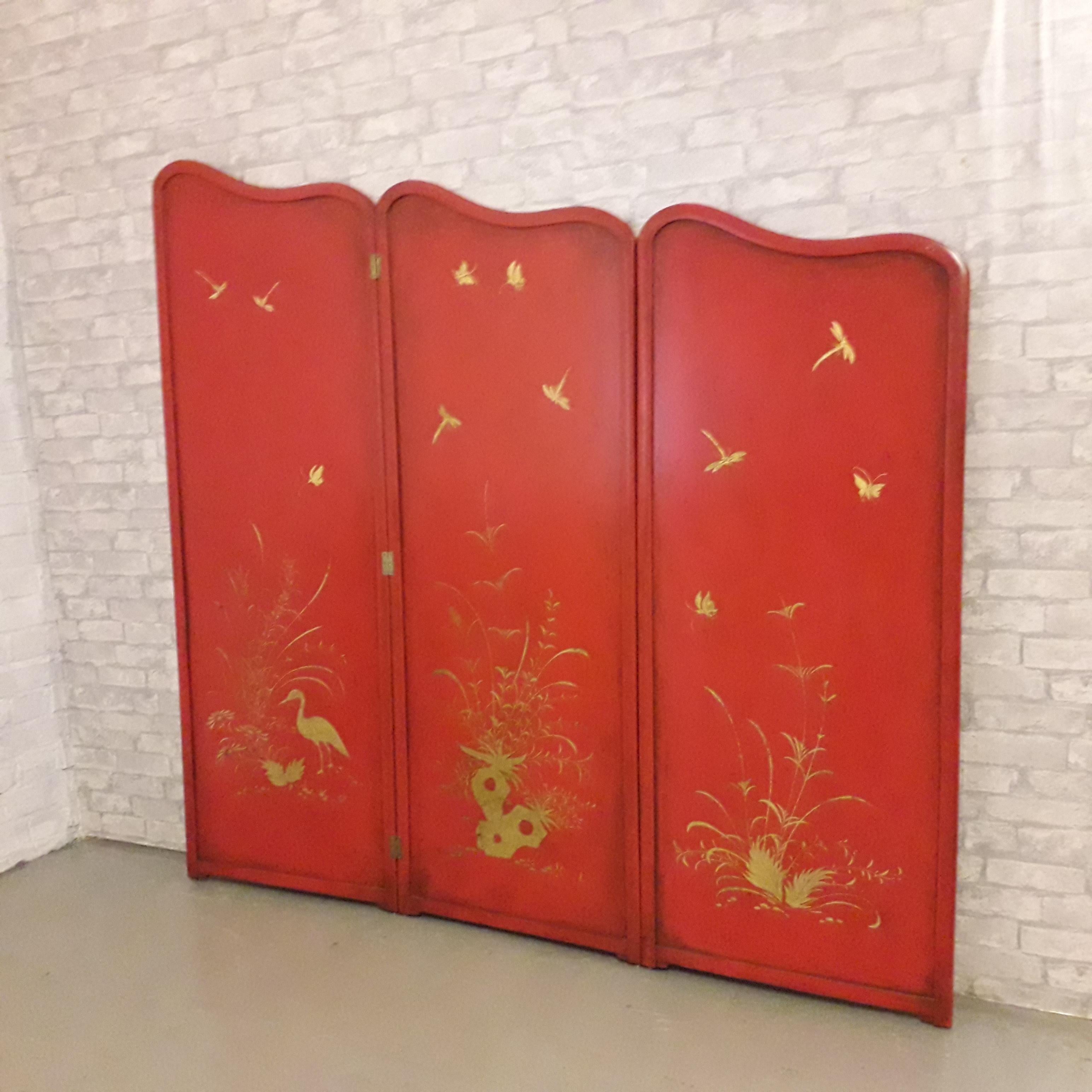 Hand-Painted Red Lacquer Scarlet Chinoiserie Screen