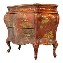 Red Lacquer & Scenic Chinoiserie Decorated 3-Drawer Bombay Chest c1920