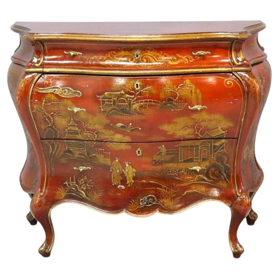 Red Lacquer & Scenic Chinoiserie Decorated 3-Drawer Bombay Chest c1920