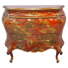 Red Lacquer & Scenic Chinoiserie Decorated 3-Drawer Bombay Chest c1920