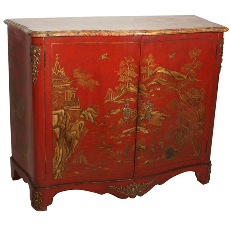 Red Lacquer Side Cabinet by Maison Jansen with Breche D'Alep Marble Top