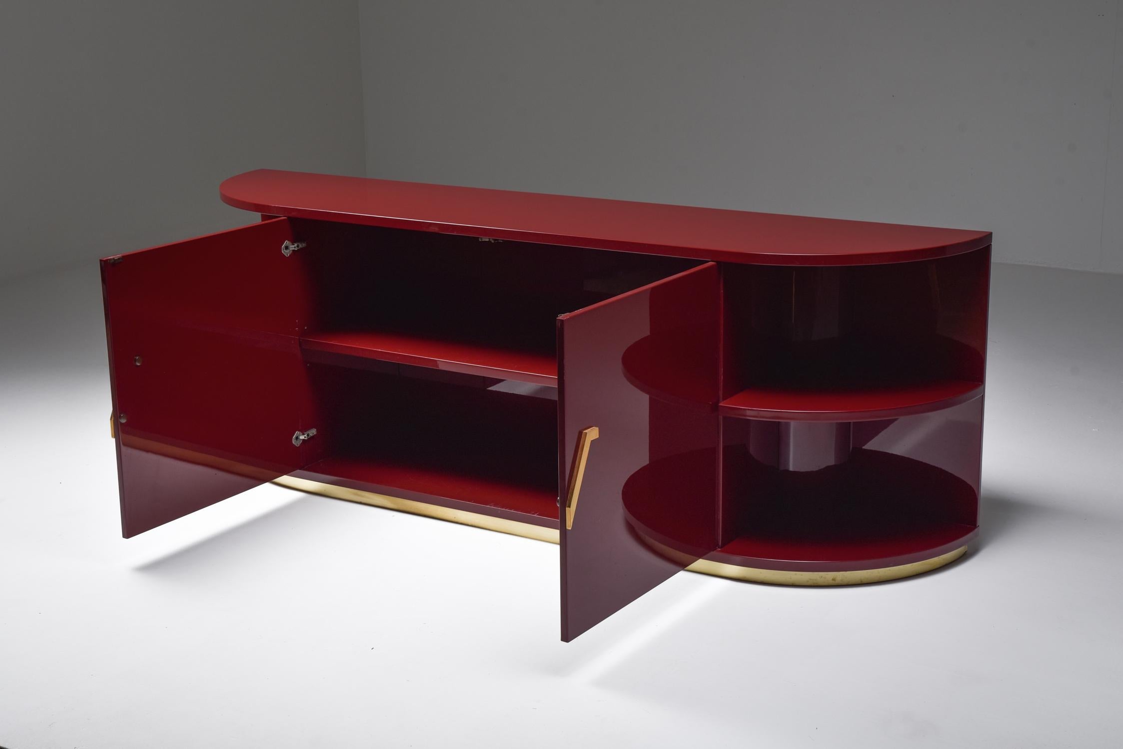 Hollywood Regency Red Lacquer Sideboard with Brass Details