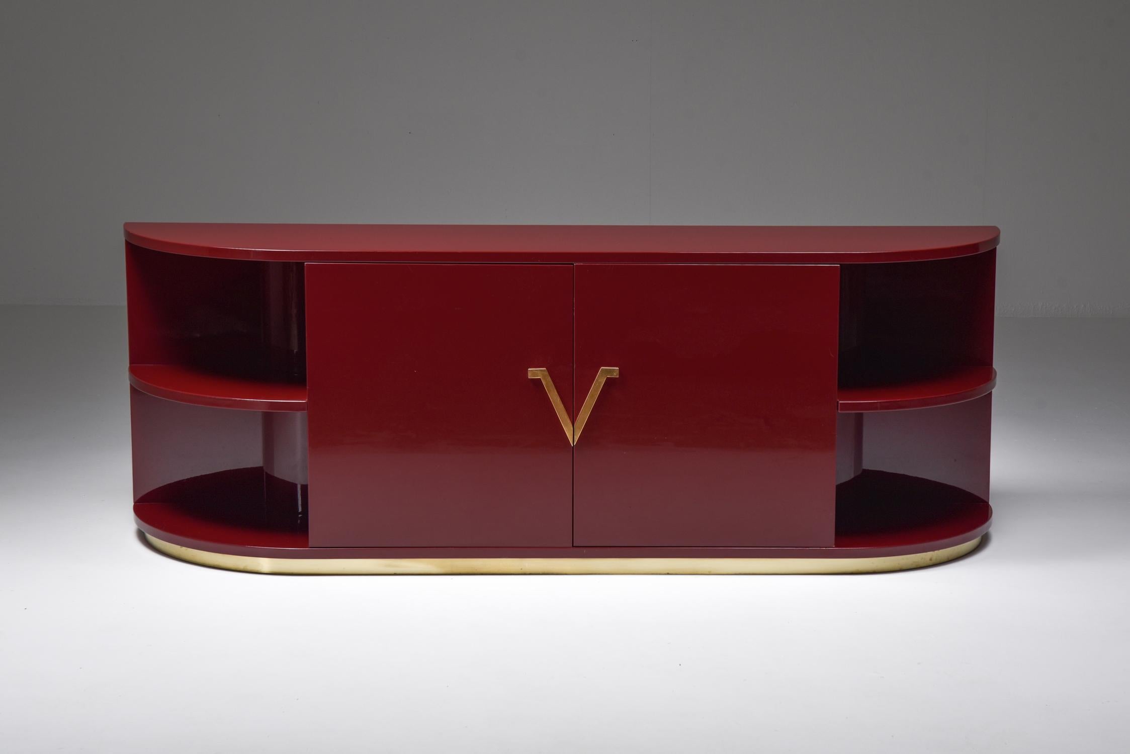 Italian Red Lacquer Sideboard with Brass Details