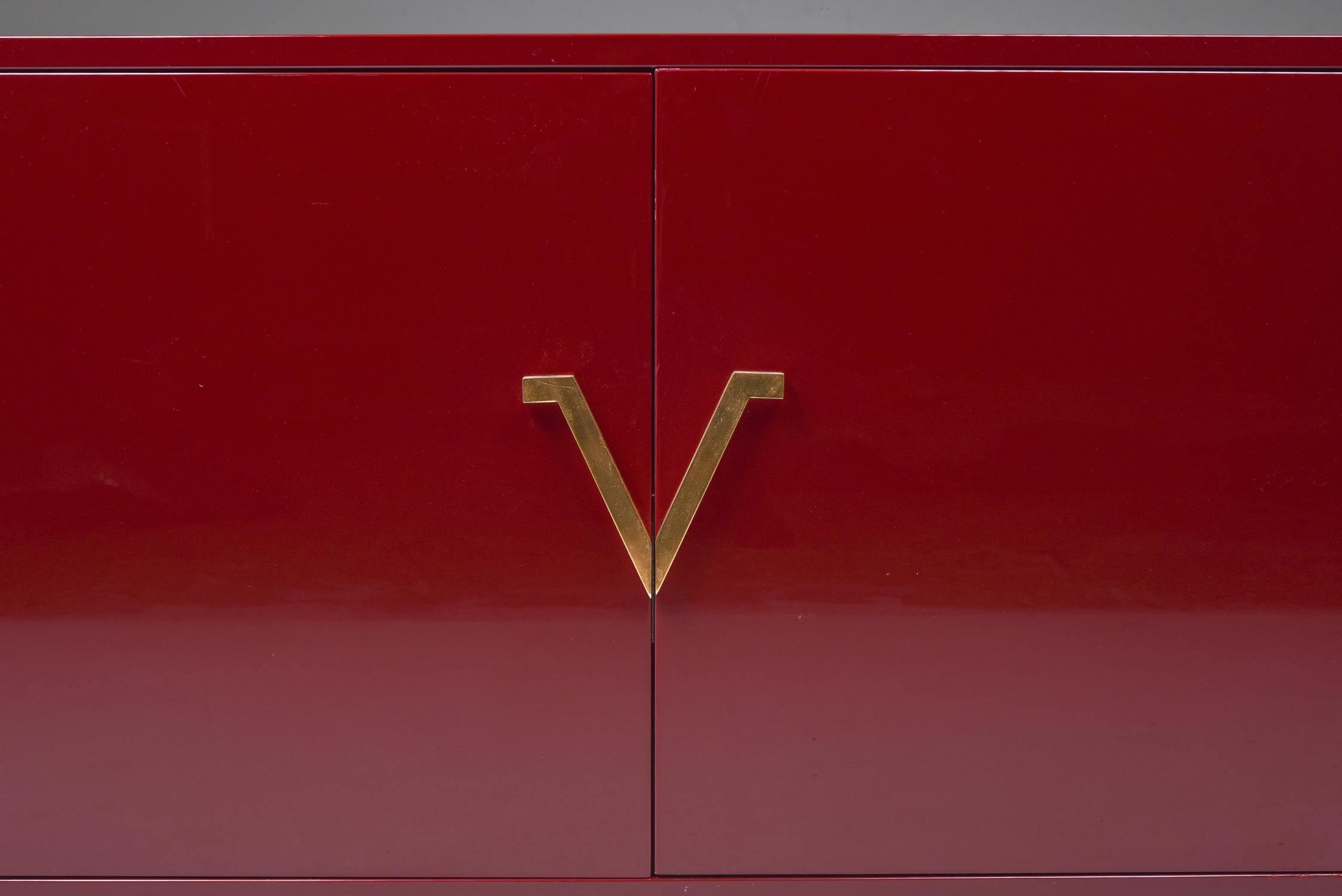 Red Lacquer Sideboard with Brass Details 1