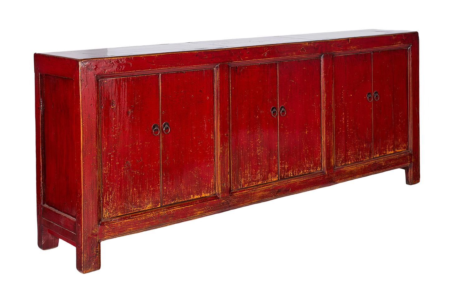 Wood Red Lacquer Six Door Server in Original Paint Patina