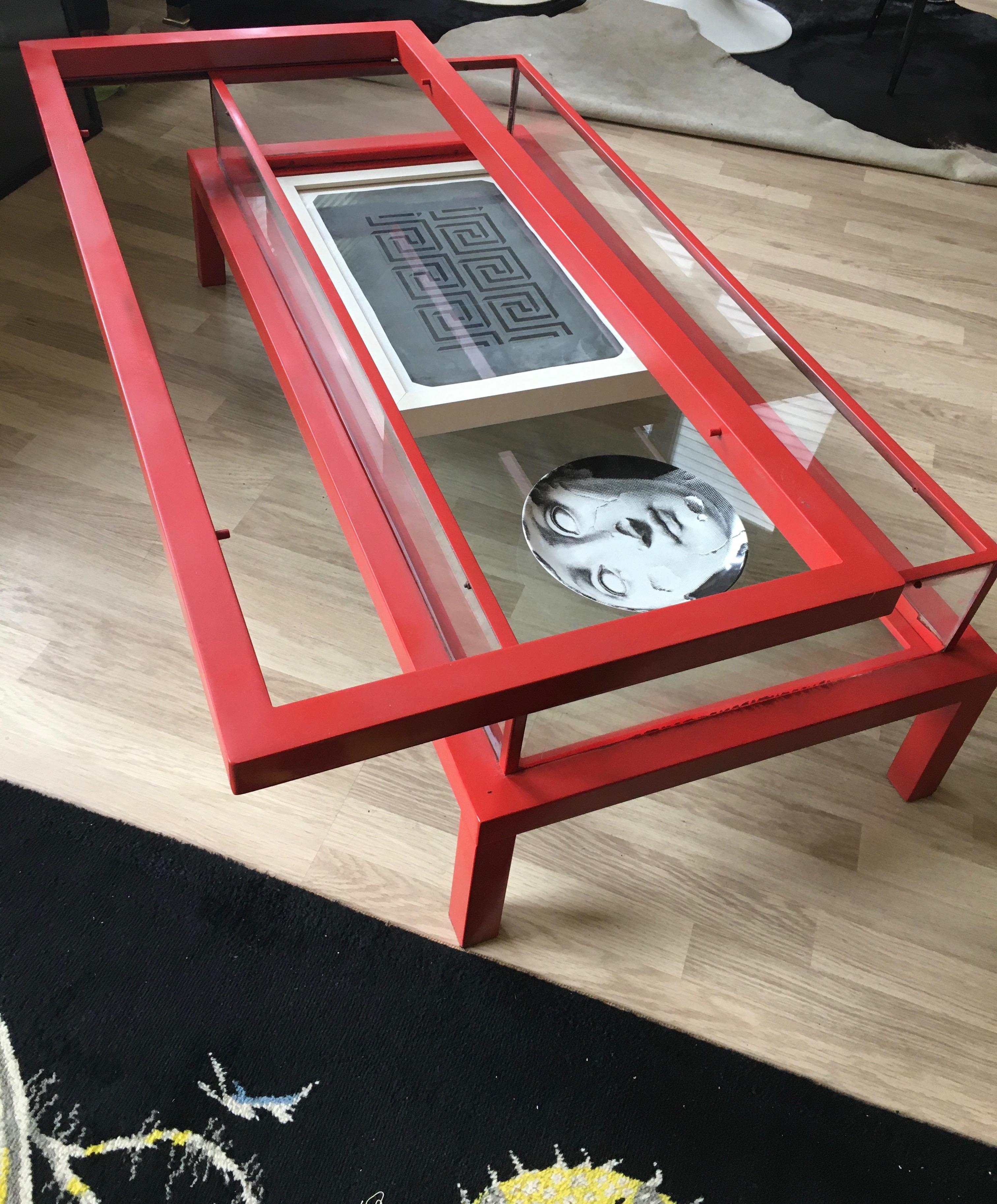 Steel Red Lacquer Table with a Sliding Top, Maison Jansen, France 1970
