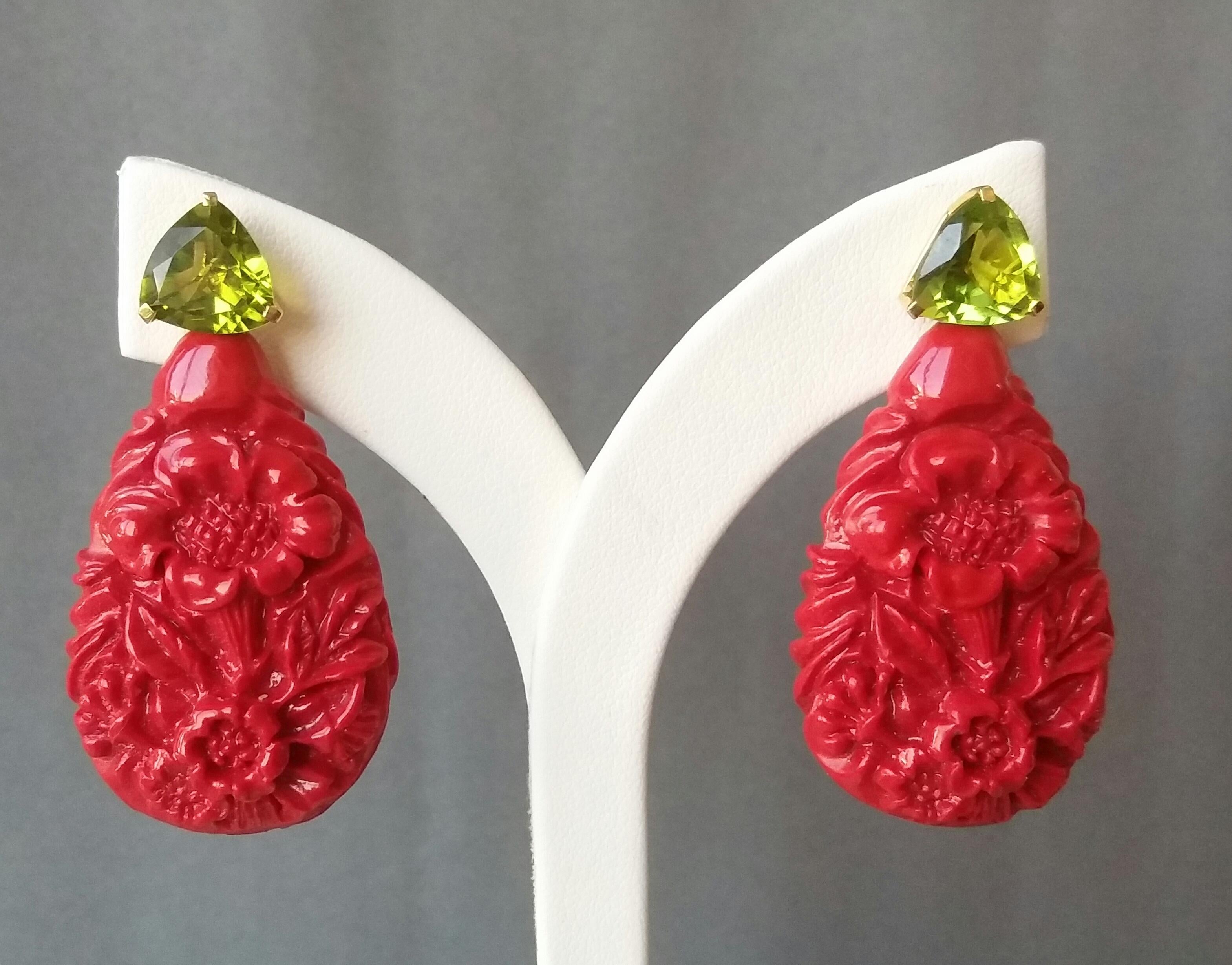 Red Lacquer Trillion Cut Peridot 14 Karat Solid Yellow Gold Big Drop Earrings 2