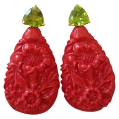 Red Lacquer Trillion Cut Peridot 14 Karat Solid Yellow Gold Big Drop Earrings