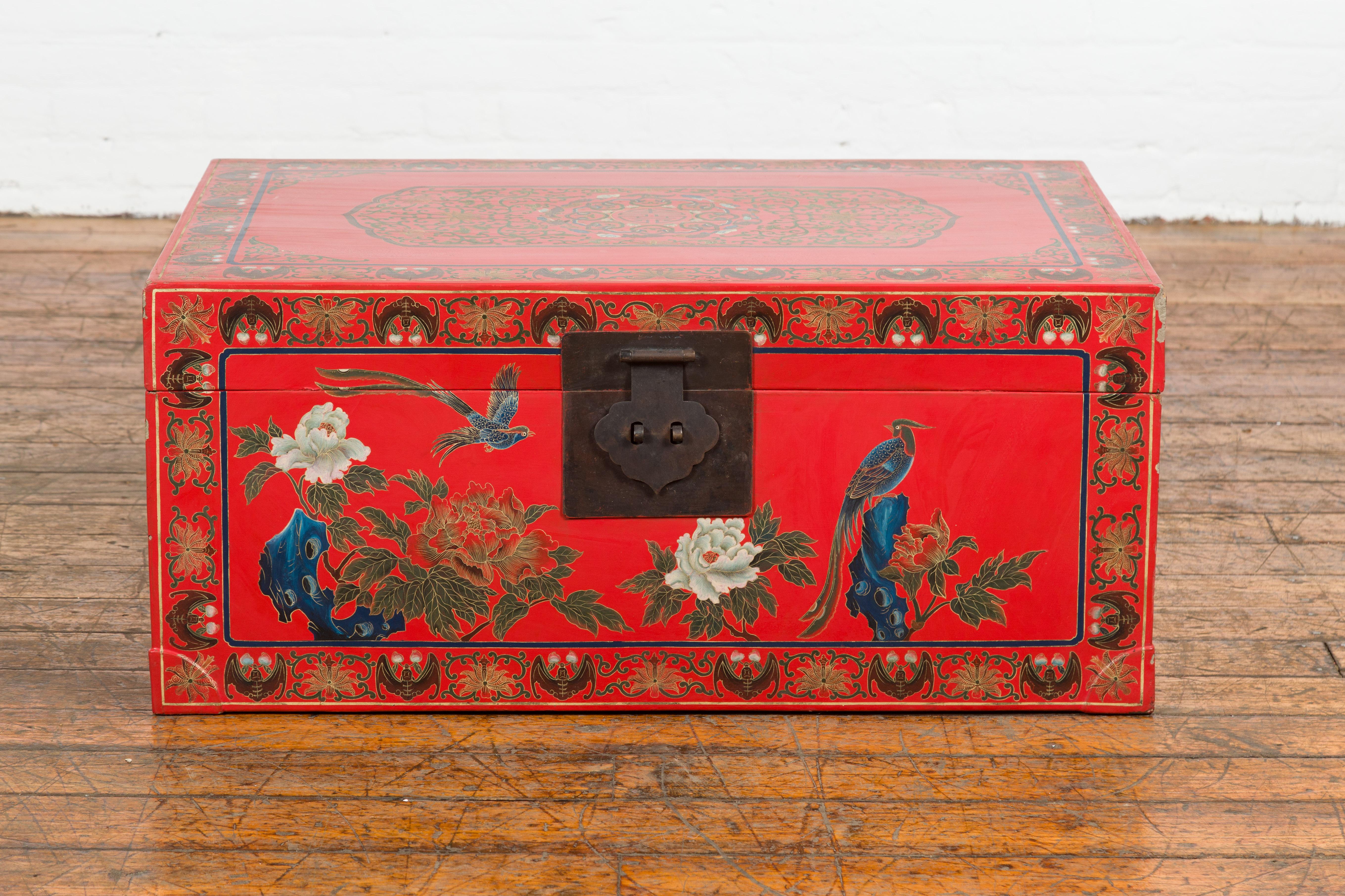 Chinese Red Lacquer Trunk with Flowers, Birds and Calligraphy Motifs For Sale