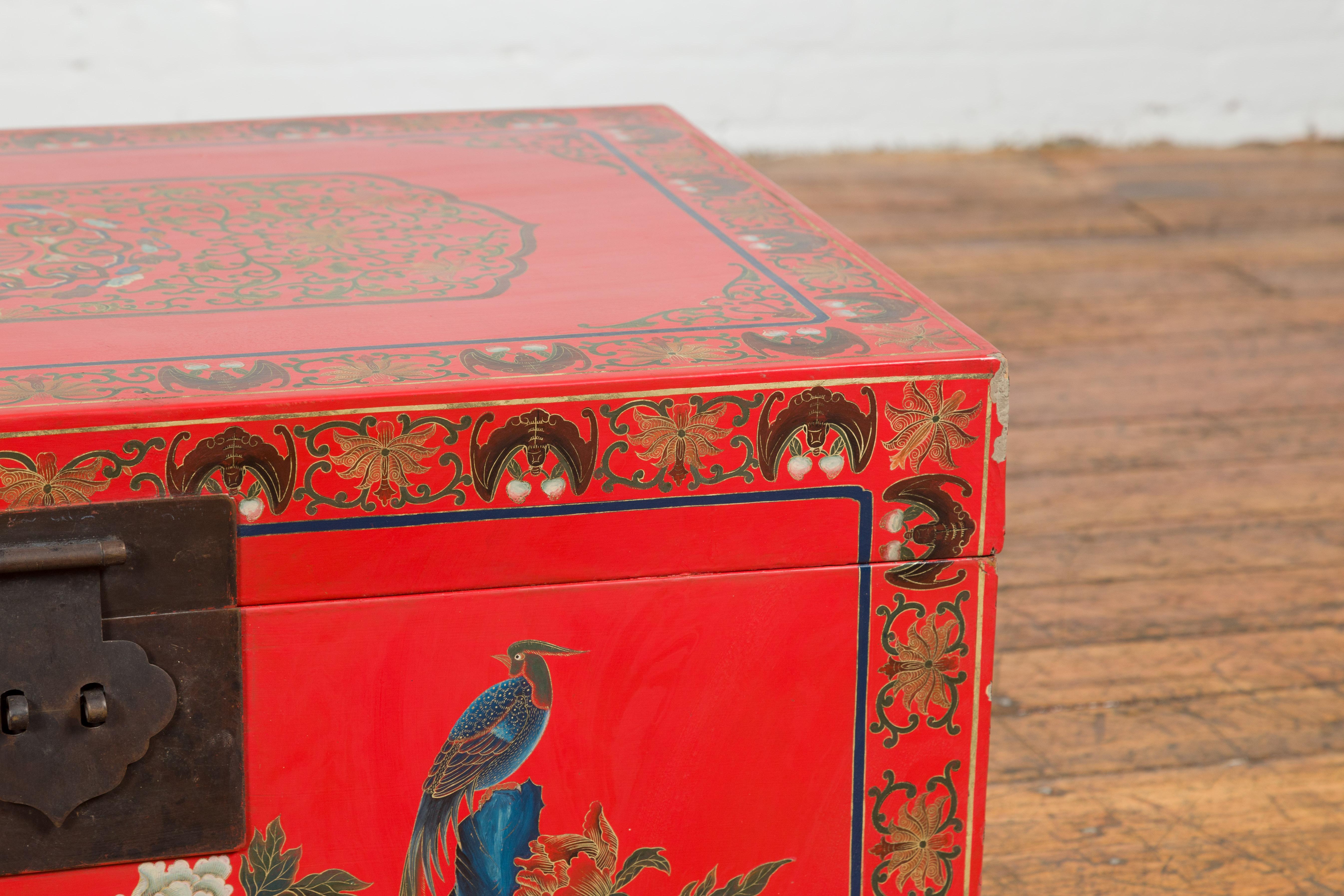 20th Century Red Lacquer Trunk with Flowers, Birds and Calligraphy Motifs For Sale
