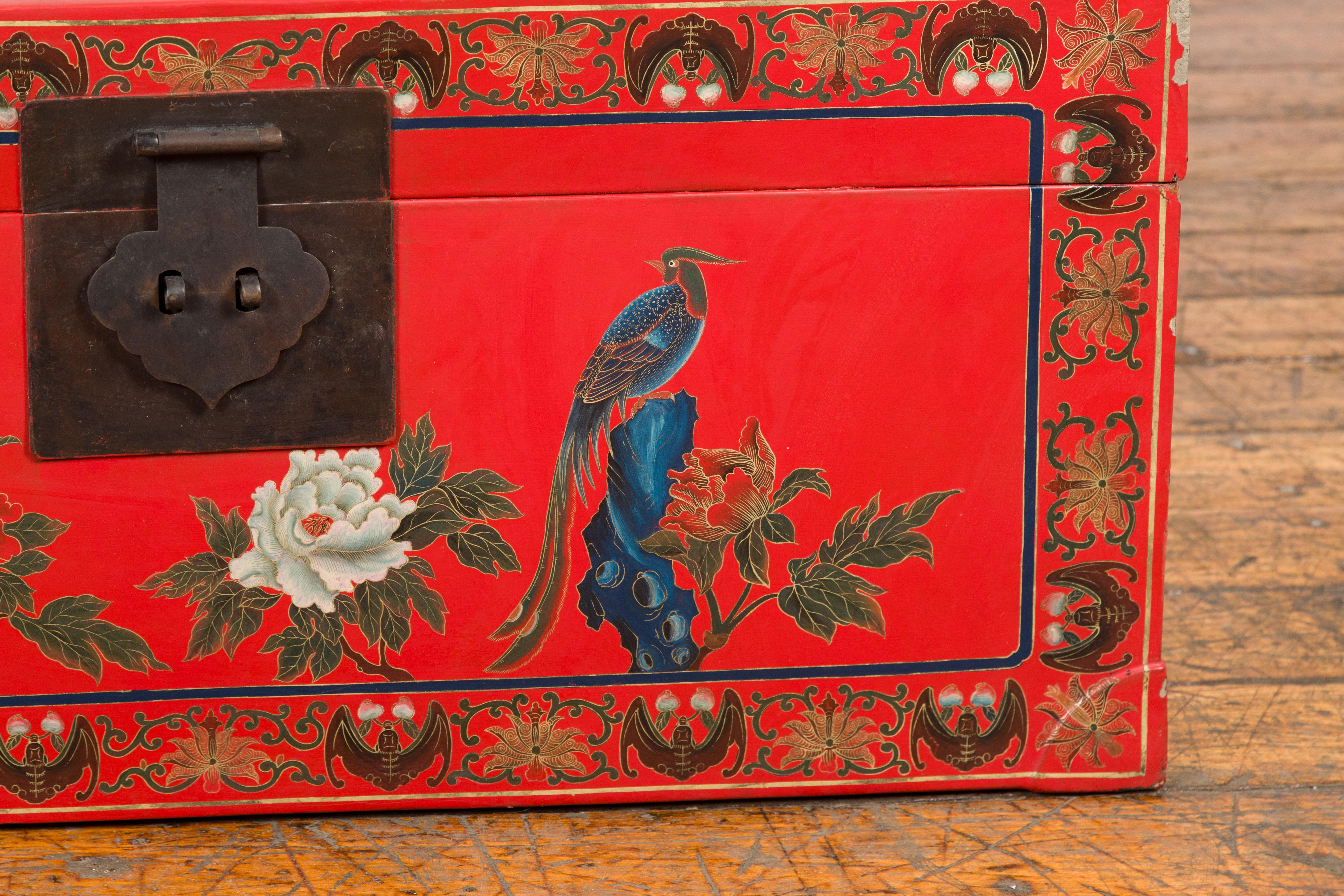 Brass Red Lacquer Trunk with Flowers, Birds and Calligraphy Motifs For Sale