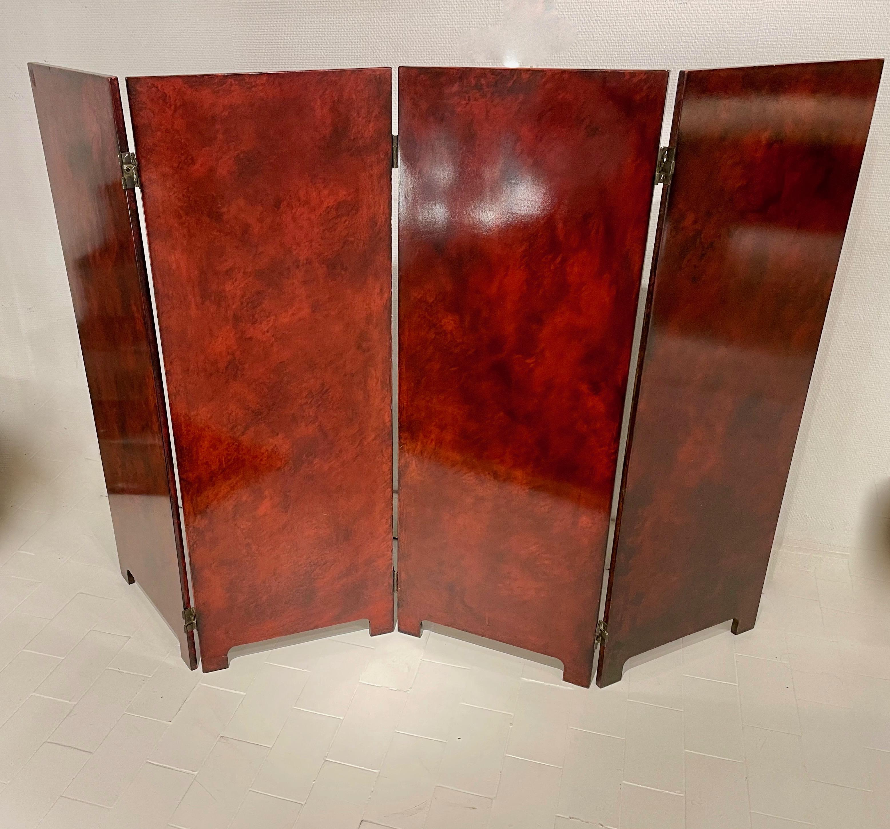 Four panel two sides red lacquer screen with brass hinges.
In the style of maison Jansen.
France 1960.