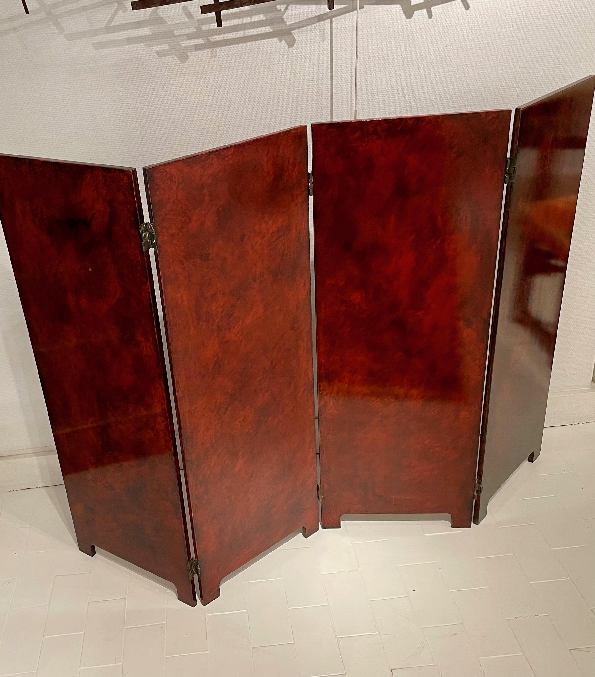 French Red Lacquer Two Sides Four Pane Screen, France, 1960 For Sale