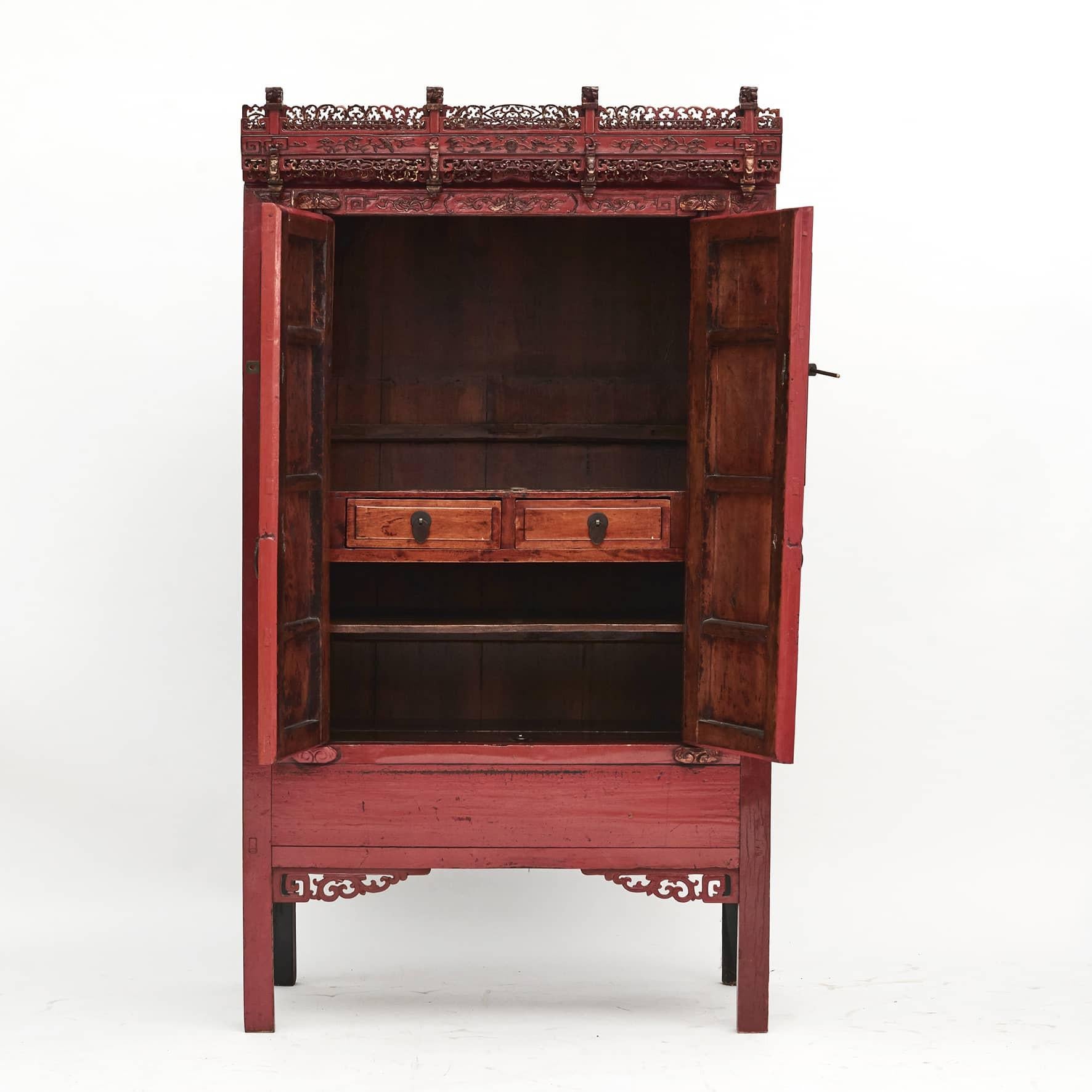 Qing Red Lacquer Wedding Cabinet Fujian Province c 1880.