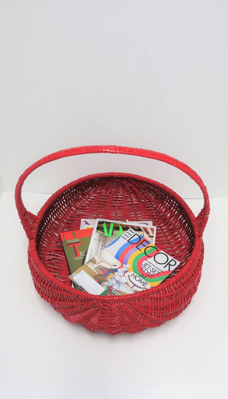 Large Red Lacquer Woven Wicker Basket For Sale at 1stdibs