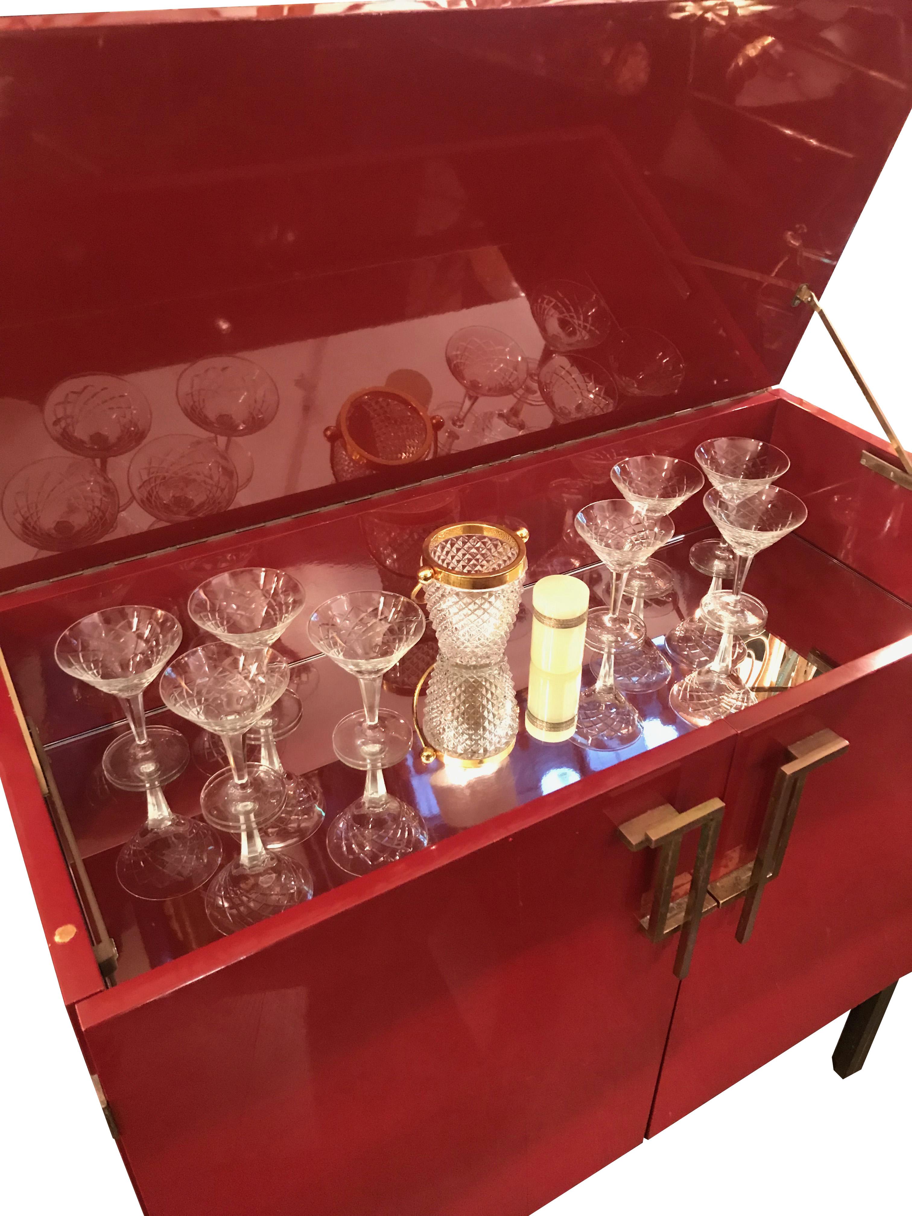 Red Lacquered, 1970s Bar Cabinet with Brass Chinoiserie Detailing 4