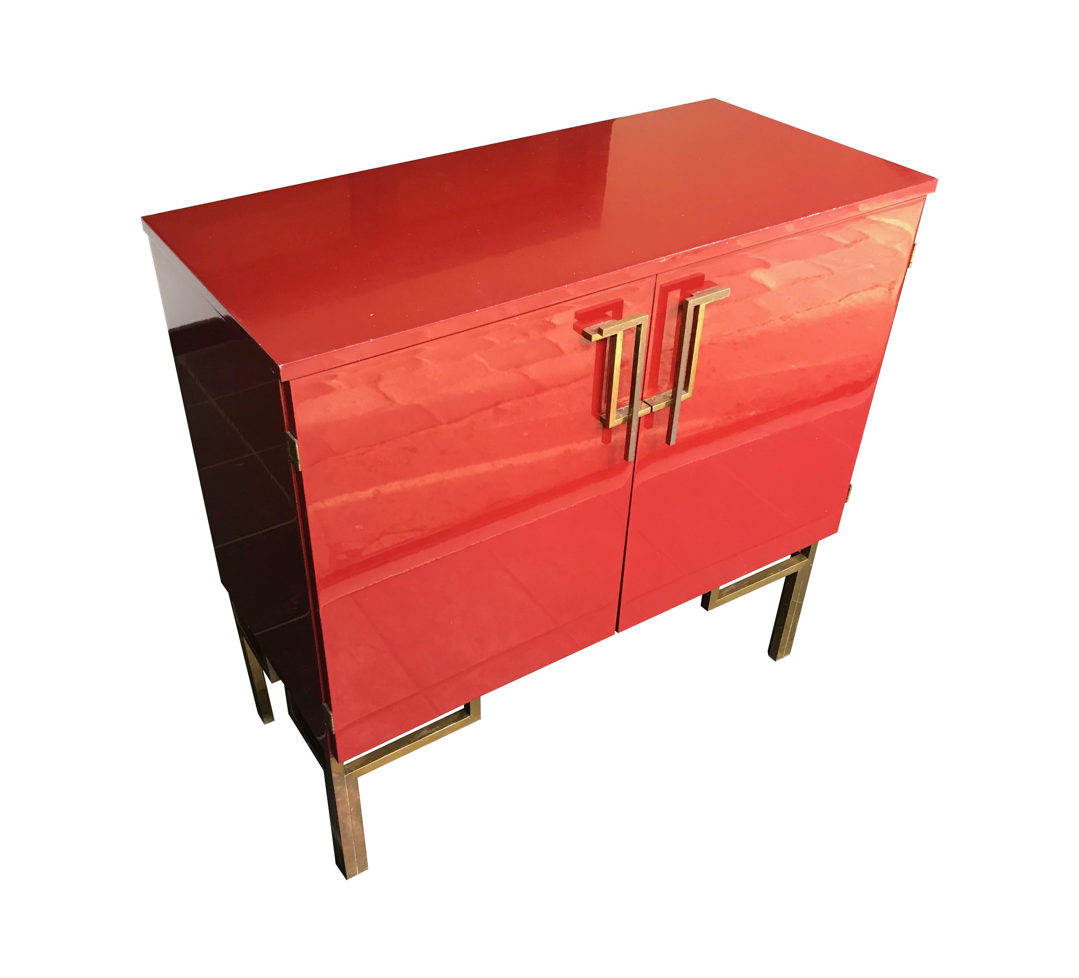 Mid-Century Modern Red Lacquered, 1970s Bar Cabinet with Brass Chinoiserie Detailing