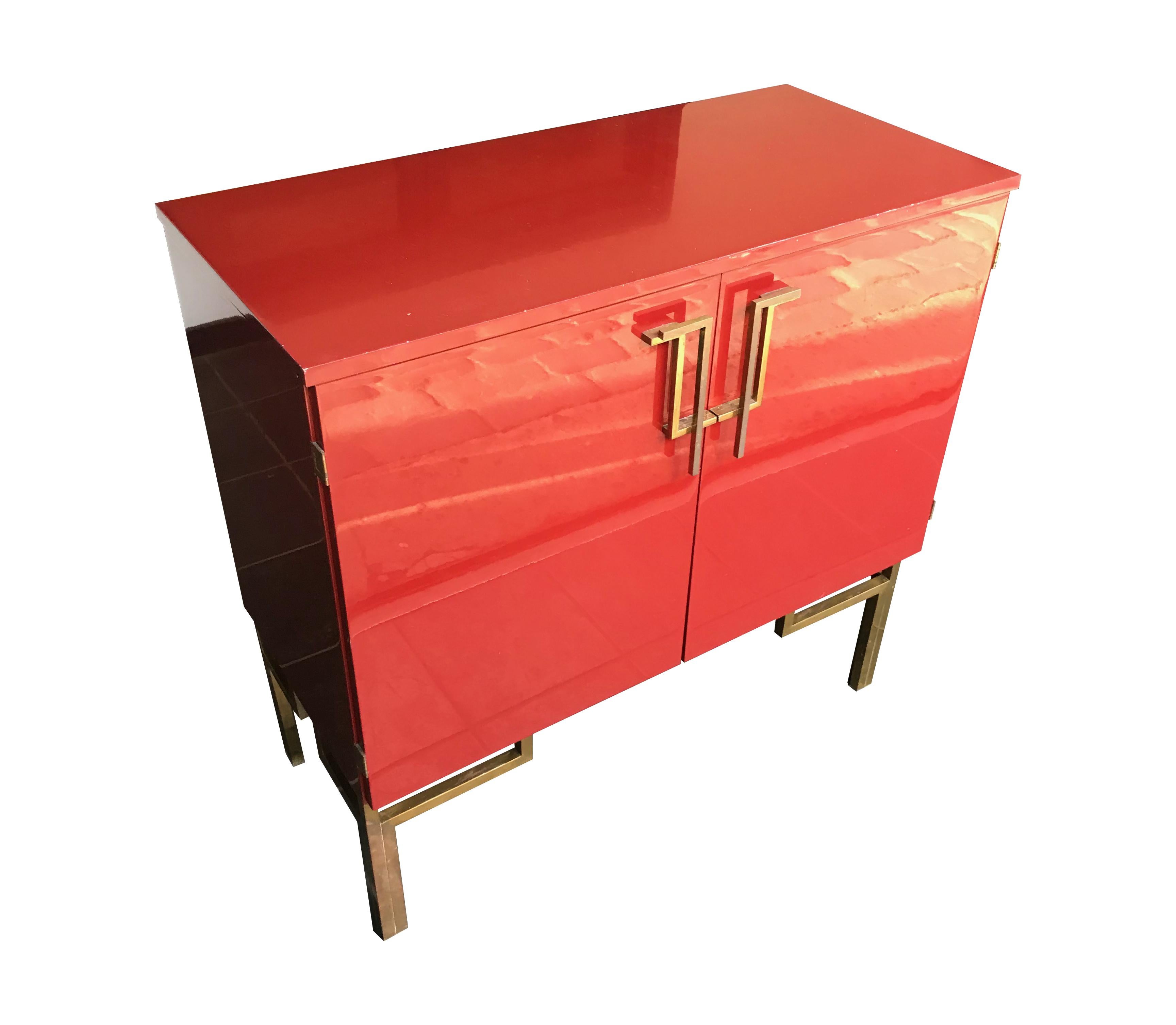 French Red Lacquered, 1970s Bar Cabinet with Brass Chinoiserie Detailing