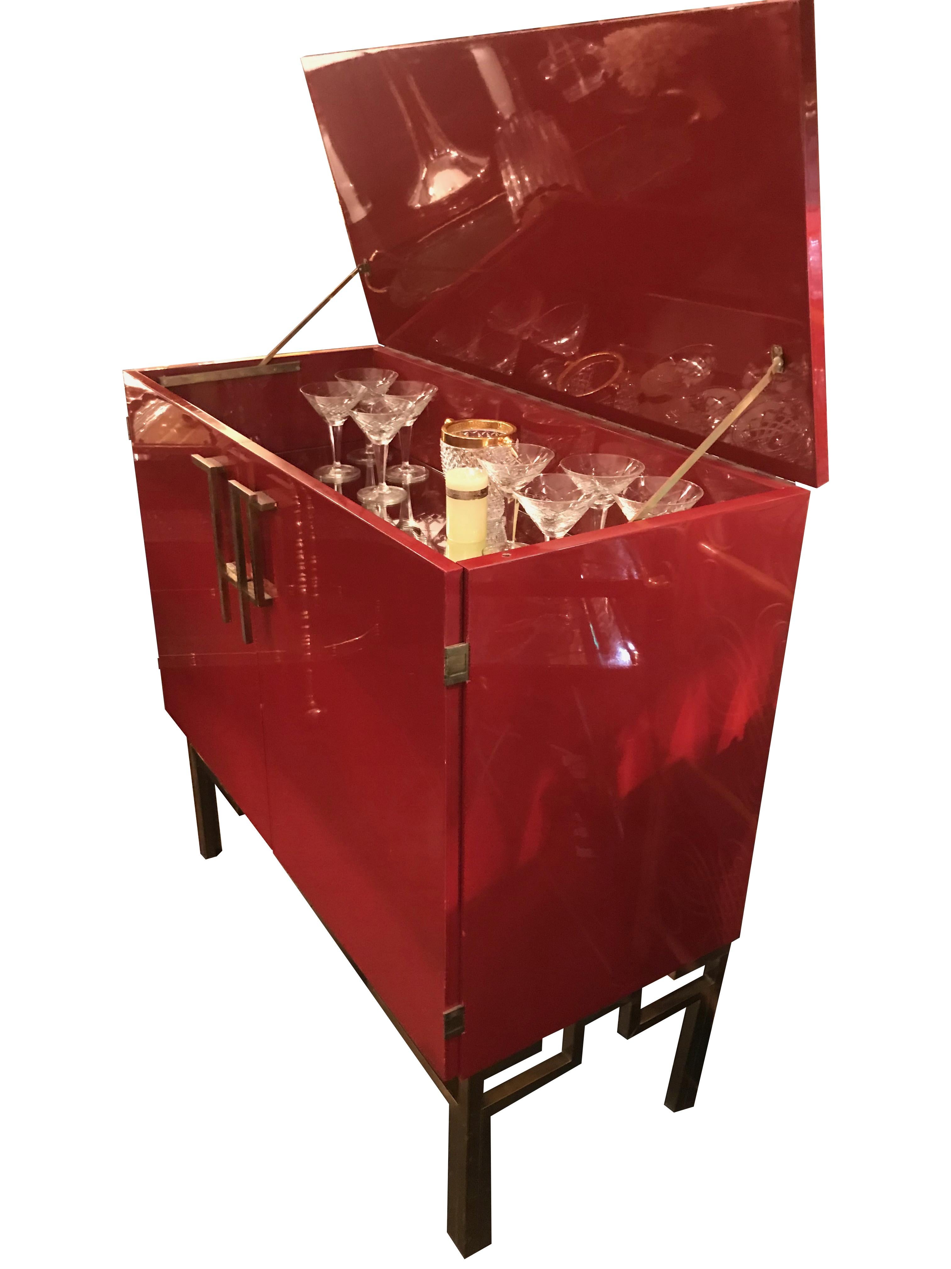 Red Lacquered, 1970s Bar Cabinet with Brass Chinoiserie Detailing 1