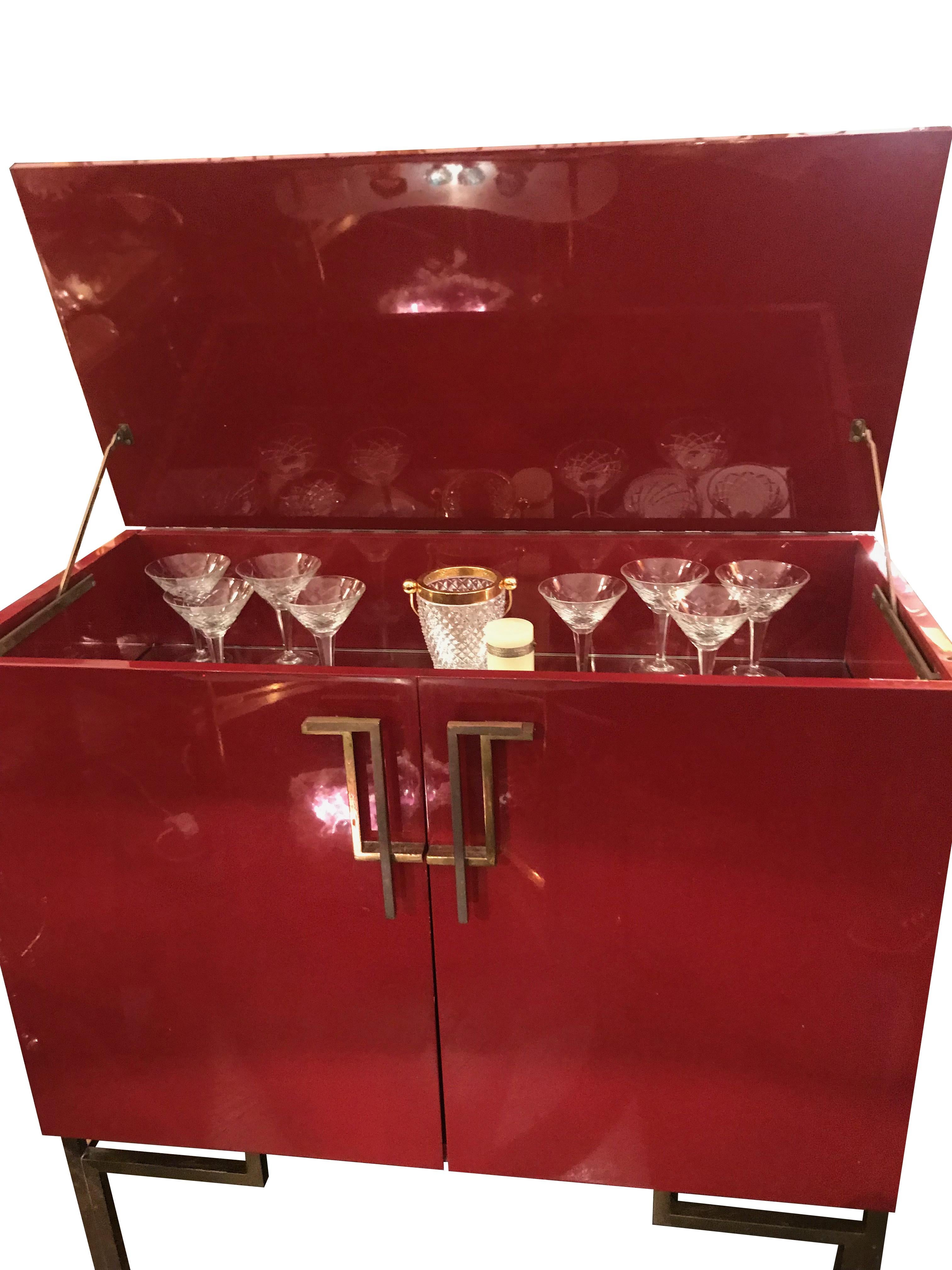 Red Lacquered, 1970s Bar Cabinet with Brass Chinoiserie Detailing 2