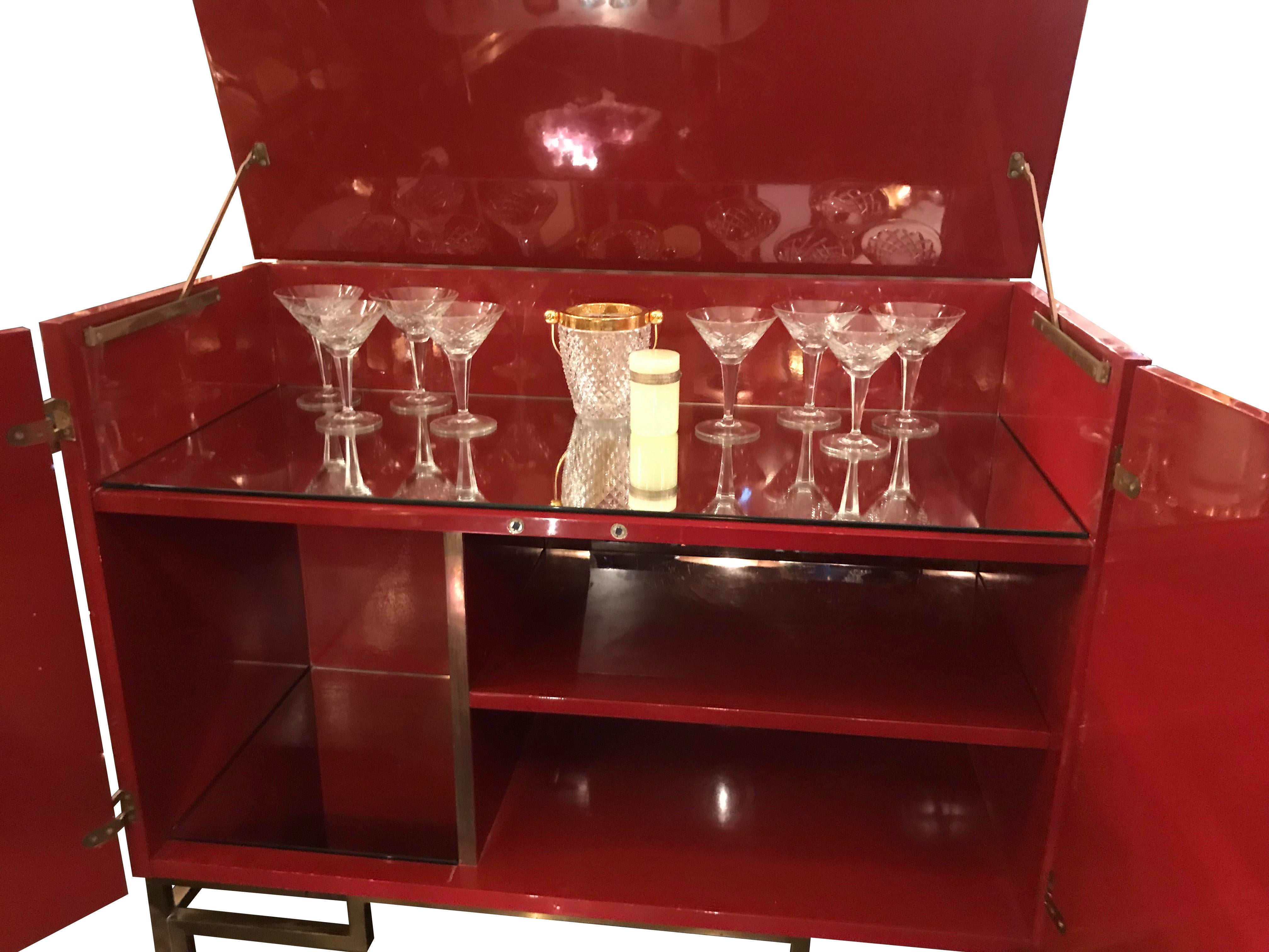 Red Lacquered, 1970s Bar Cabinet with Brass Chinoiserie Detailing 3