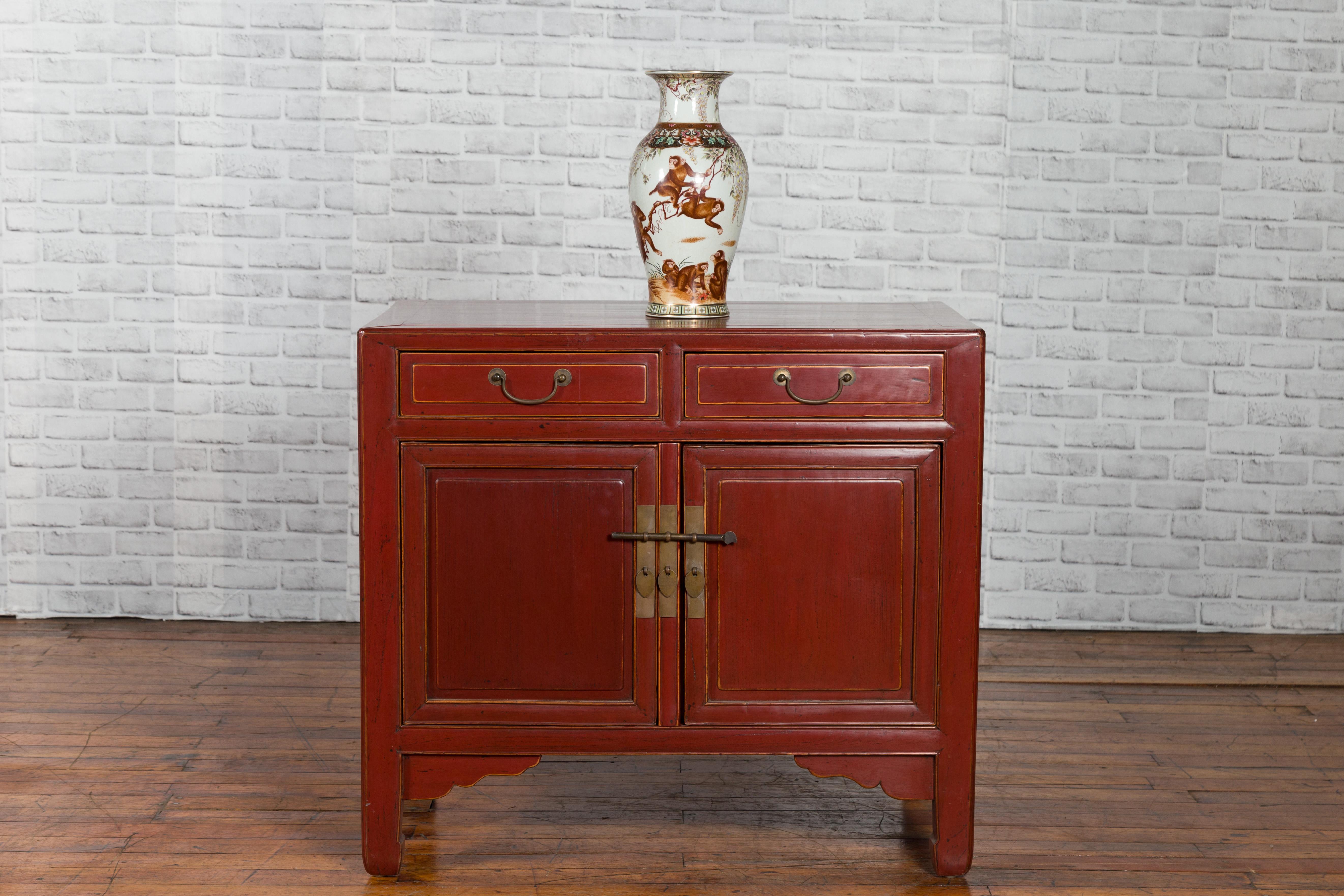 Chinese Red Lacquered 19th Century Qing Dynasty Elm Cabinet with Drawers and Doors