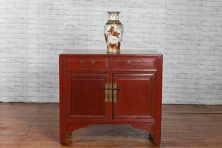 Chinese Red Lacquered 19th Century Qing Dynasty Elm Cabinet with Drawers and Doors For Sale