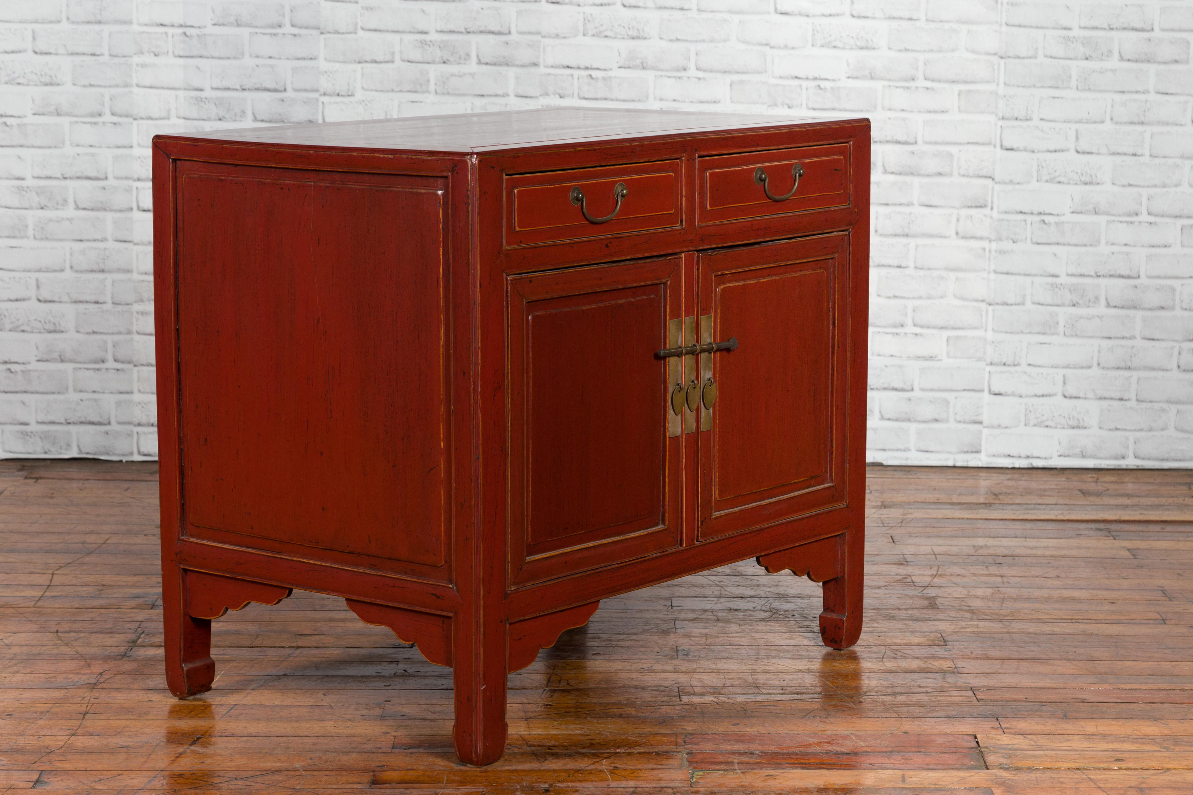 Red Lacquered 19th Century Qing Dynasty Elm Cabinet with Drawers and Doors In Good Condition In Yonkers, NY