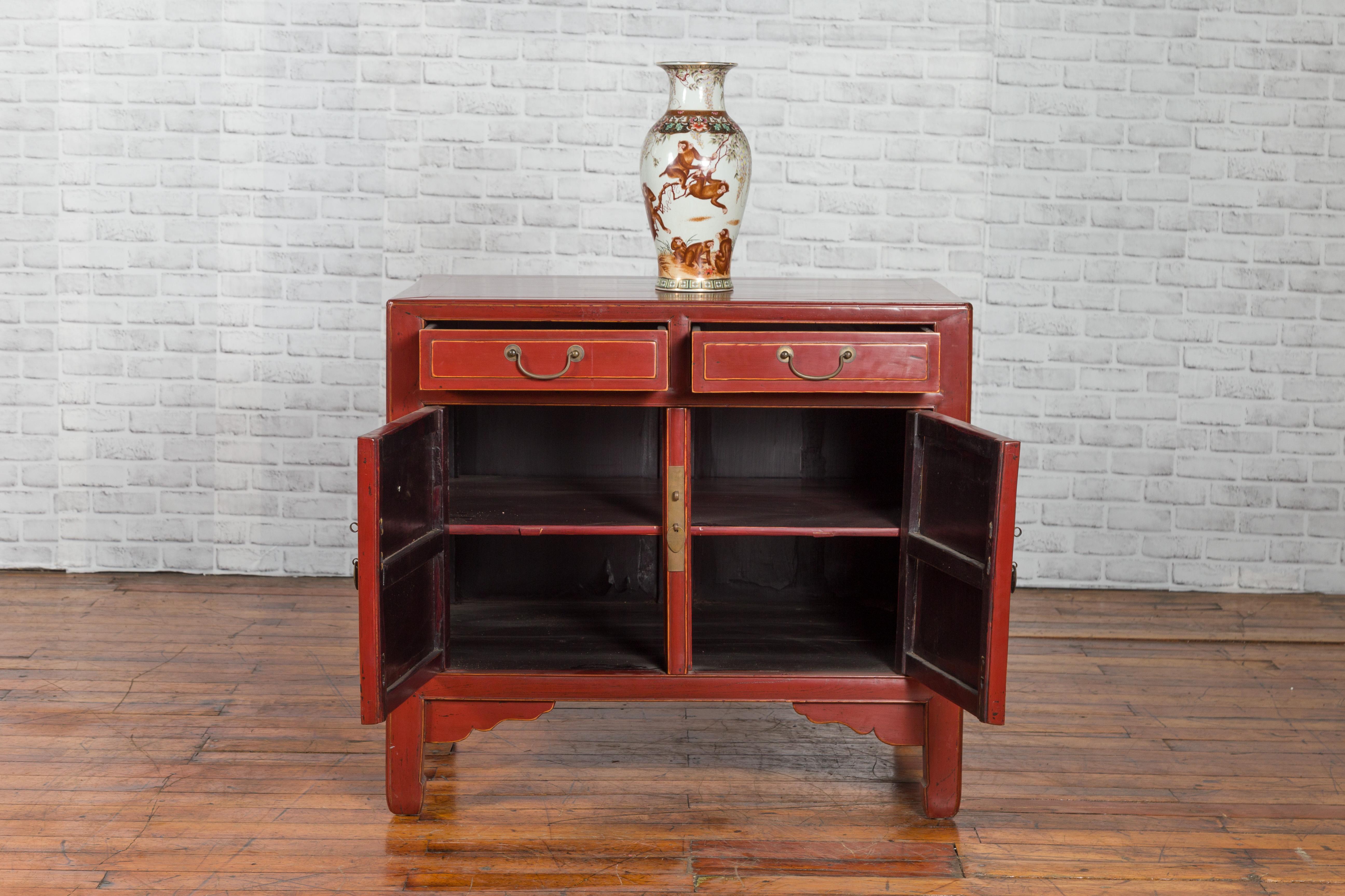 Red Lacquered 19th Century Qing Dynasty Elm Cabinet with Drawers and Doors 1