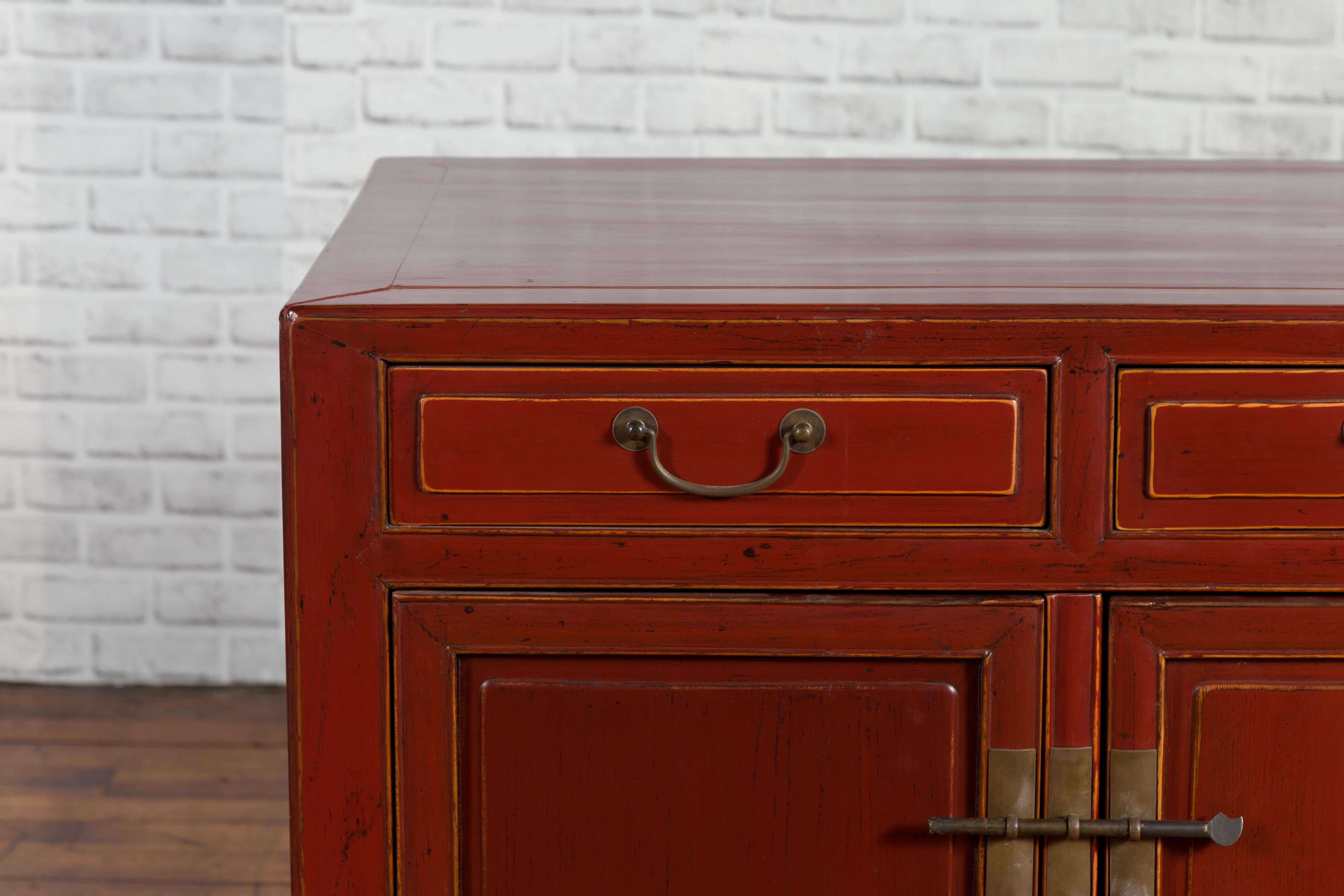 Red Lacquered 19th Century Qing Dynasty Elm Cabinet with Drawers and Doors 2