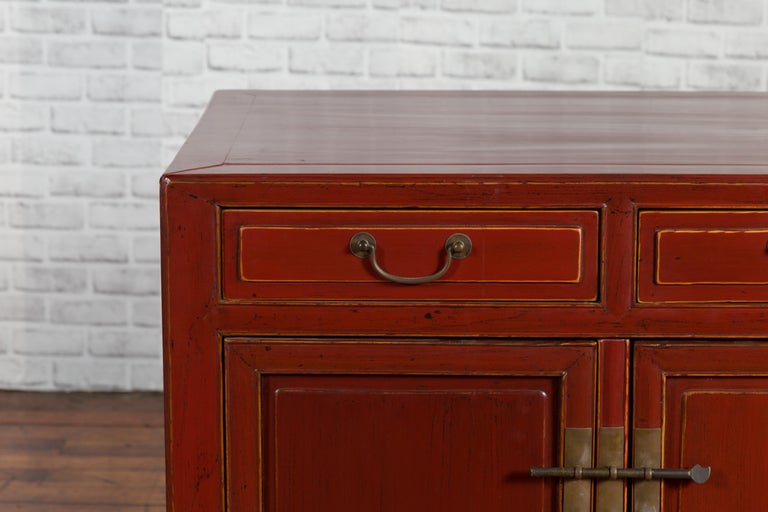 Red Lacquered 19th Century Qing Dynasty Elm Cabinet with Drawers and Doors For Sale 2