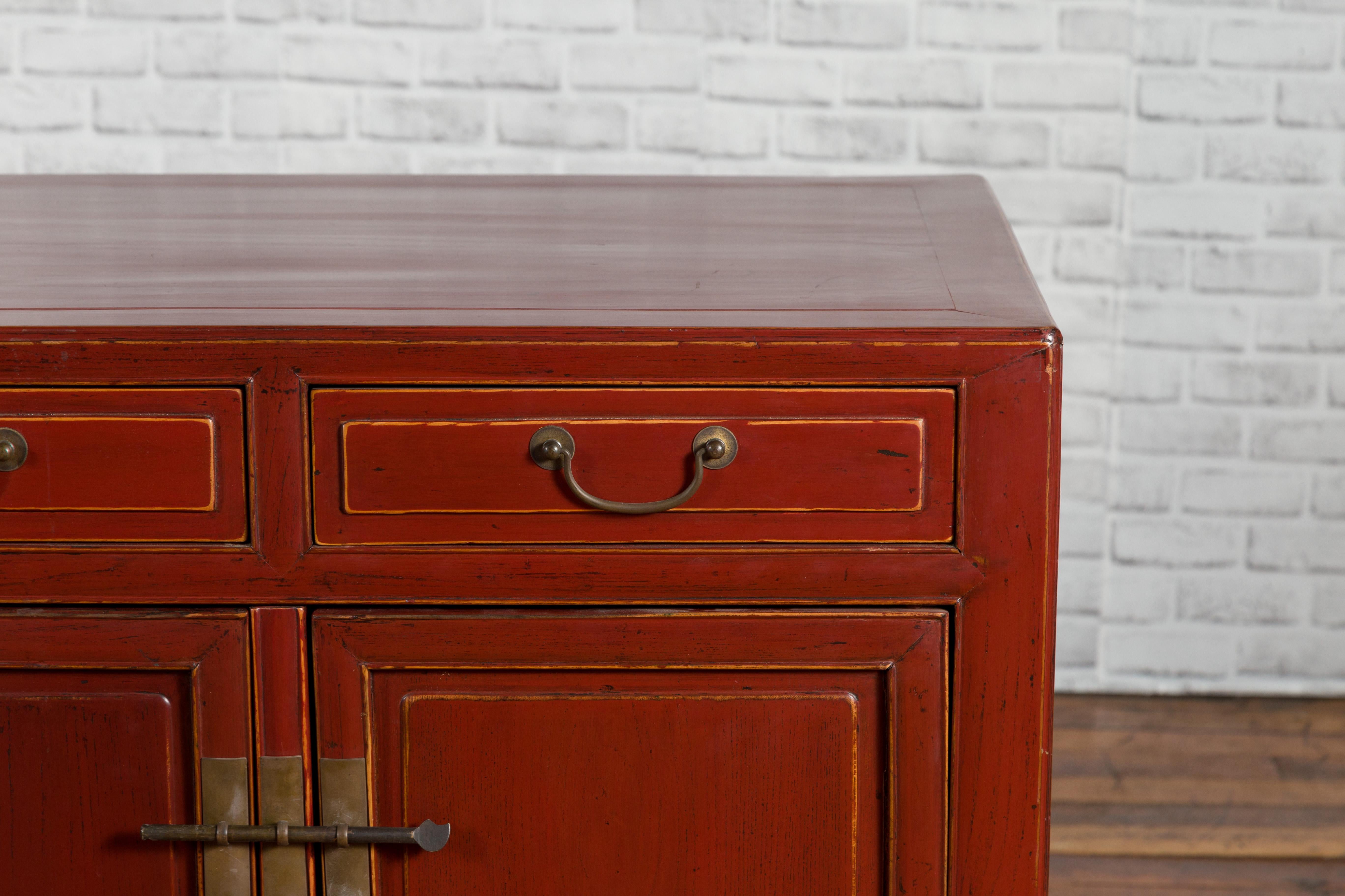 Red Lacquered 19th Century Qing Dynasty Elm Cabinet with Drawers and Doors 3