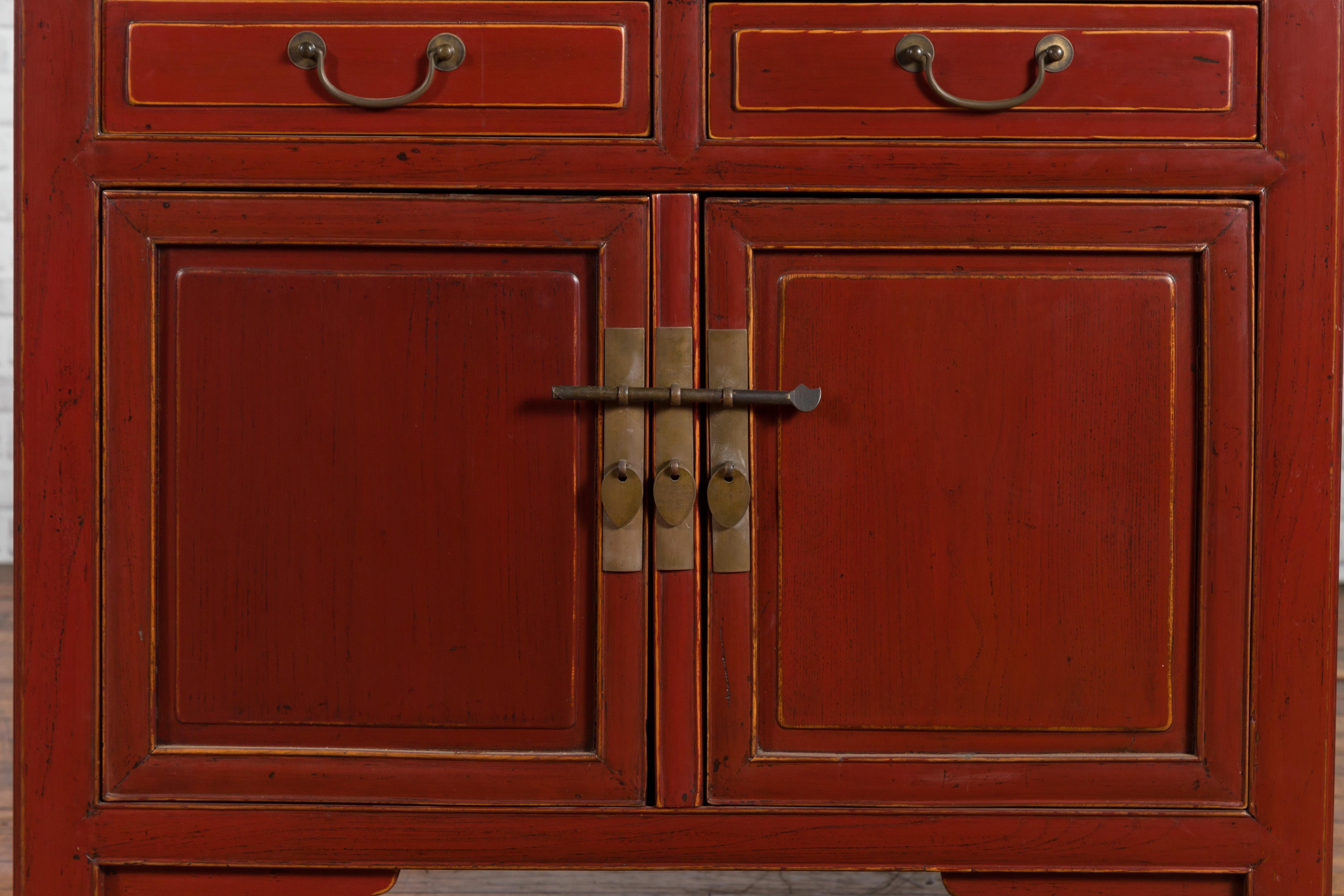 Red Lacquered 19th Century Qing Dynasty Elm Cabinet with Drawers and Doors 4