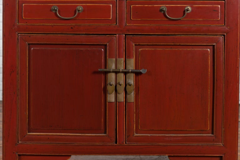 Red Lacquered 19th Century Qing Dynasty Elm Cabinet with Drawers and Doors For Sale 4