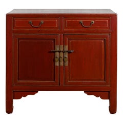 Red Lacquered 19th Century Qing Dynasty Elm Cabinet with Drawers and Doors