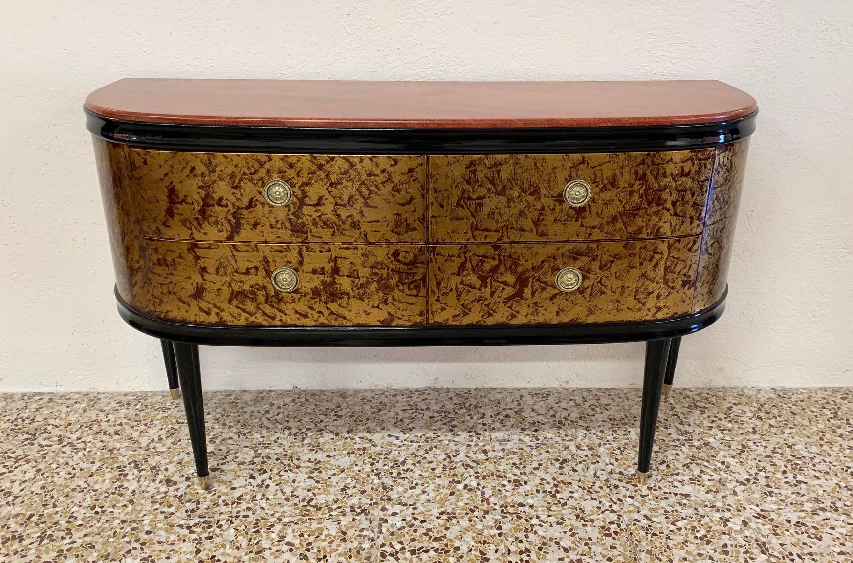 Art Deco Red Lacquered and Gold Leaf Dresser with Red Marble, 1940s