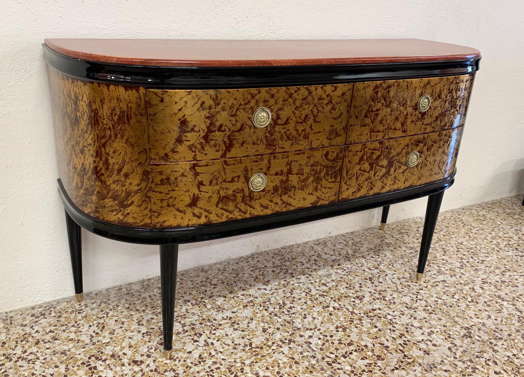 Italian Red Lacquered and Gold Leaf Dresser with Red Marble, 1940s