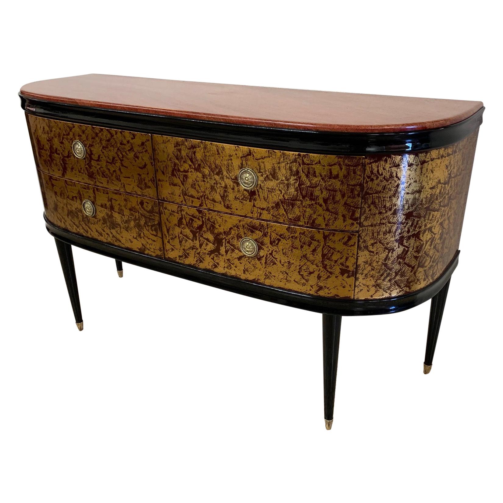 Red Lacquered and Gold Leaf Dresser with Red Marble, 1940s